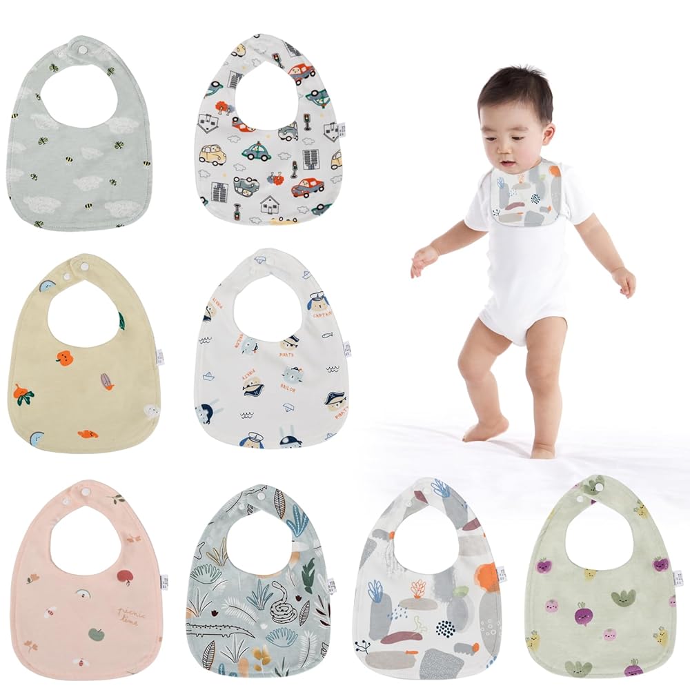 8 Bavaglini Neonato In Cotone Impermeabili - Super Assorbenti E Regolabili Per Bambini 0-3 Anni - Set Multicolor - Foto 3