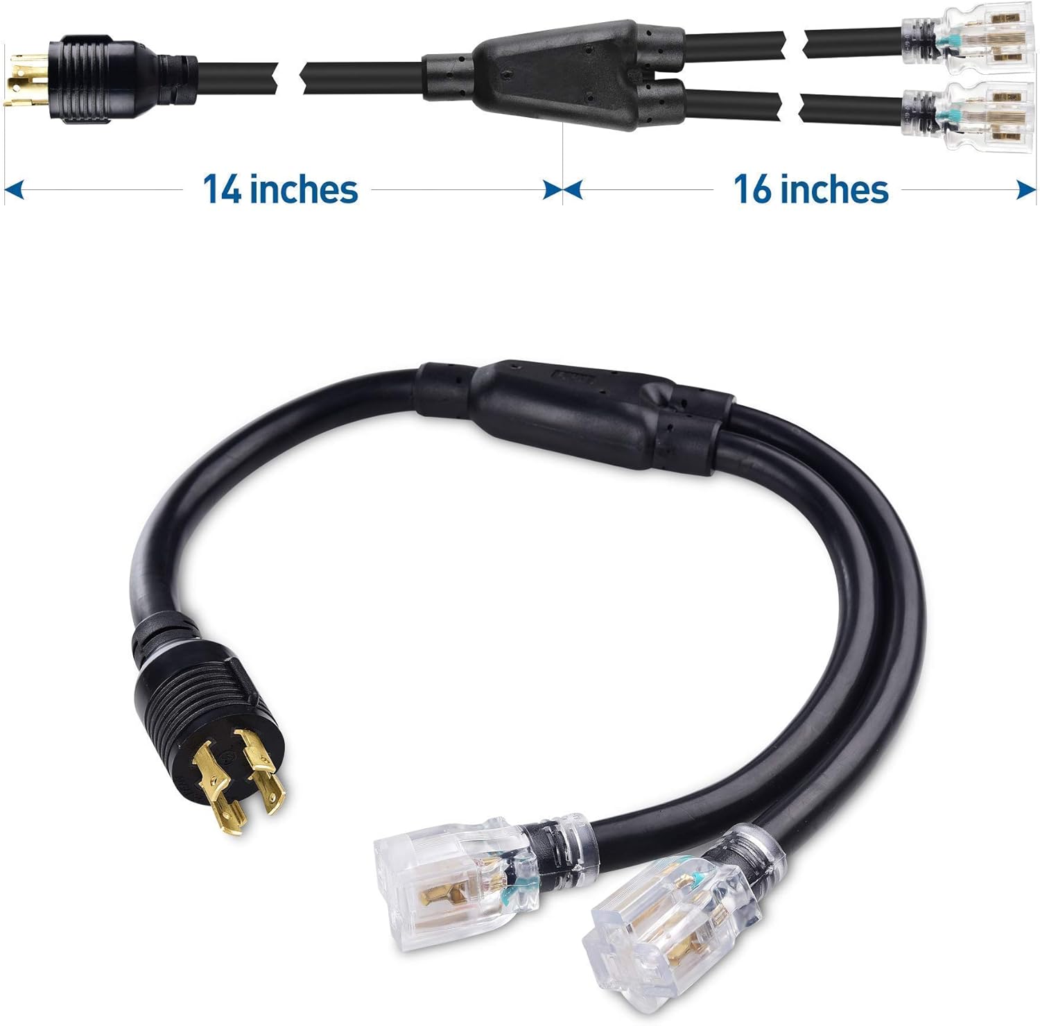 Cable Matters LED-Lit 3 Prong 30 Amp to 15 Amp Adapter for Generator (30 AMP to 110 Adapter Splitter) 3 Feet - NEMA L5-30P to 2X 5-20R & LED-Lit 4 Prong 30 Amp to 15 Amp Adapter 30 Inches
