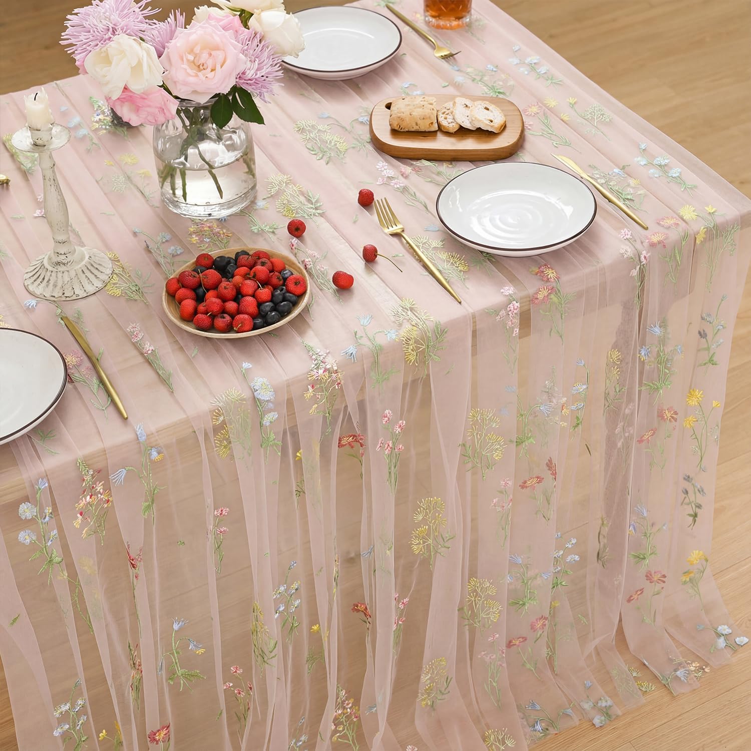 Horaldaily Embroidery Flower Pink Tablecloth 60×84 Inch Rectangular | Spring Summer Gauze Tablecloth, Seasonal Tulle Table Cover, Garden Party Decor, Resuable,Washable