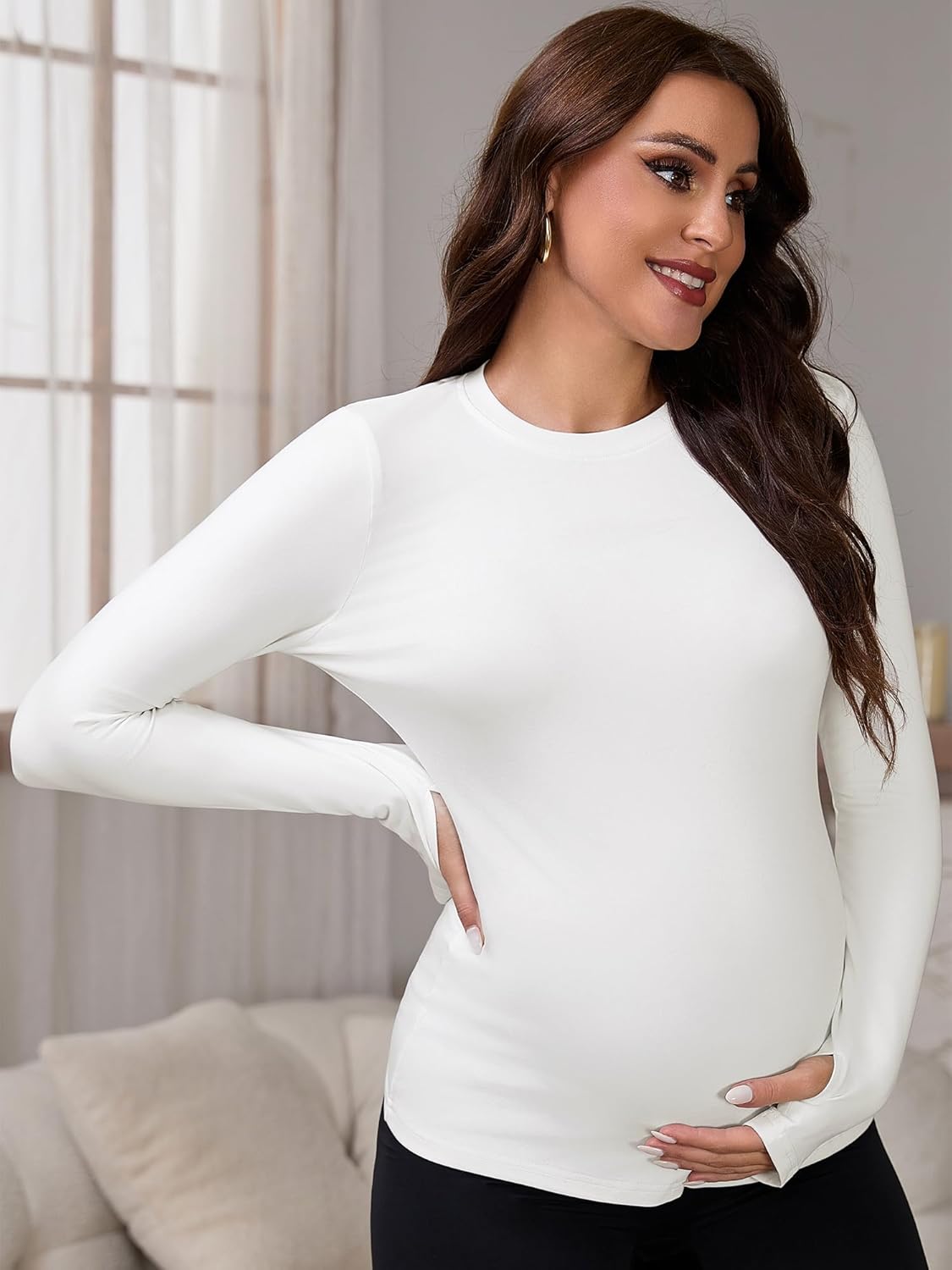 Women's Maternity Workout Tops Stretchy Fitted Crew Neck Long Sleeve Thumbholes Pregnancy Yoga Basic Undershirts - Image 5