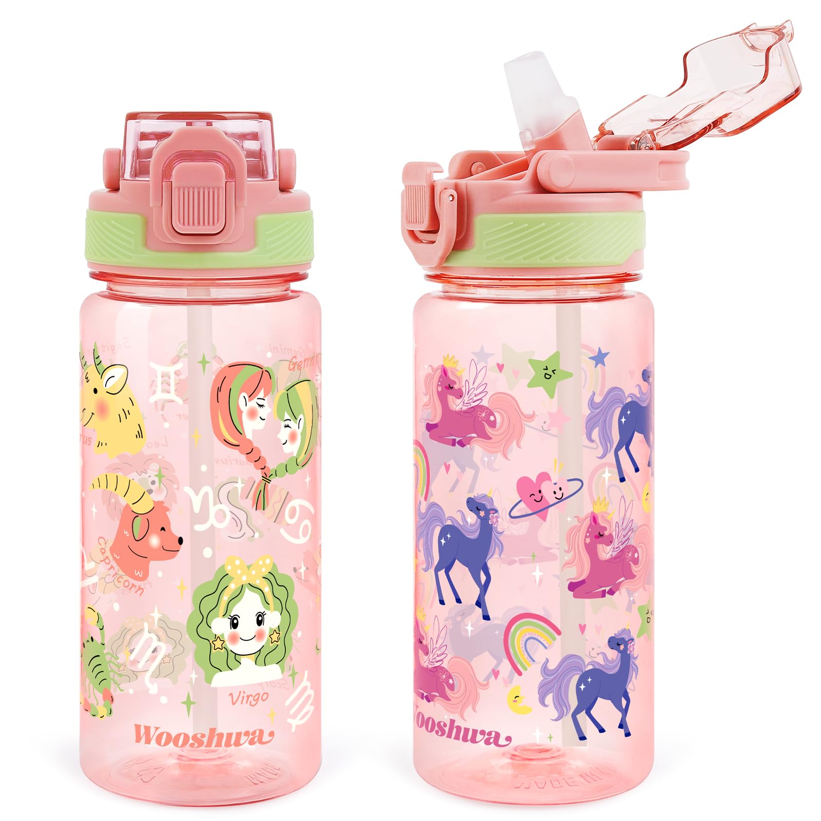 wooshwa Kids Water Bottle with Straw for School, 2 Packs 600ml/20 Oz Plastic Water Bottle with Silicone Spout and Pop-Up Cover, Leakproof & Dishwasher Safe (Unicorn/Zodiac Signs) โ image 1