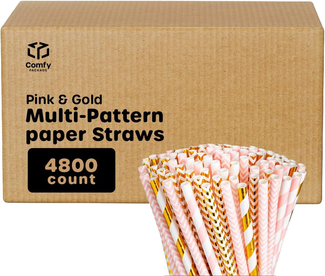 Comfy Package [Case of 4,800] Pink & Gold Paper Straws Disposable, 100% Biodegradable Multi-Pattern Party Straws For Birthday, Wedding and Holiday Decoration