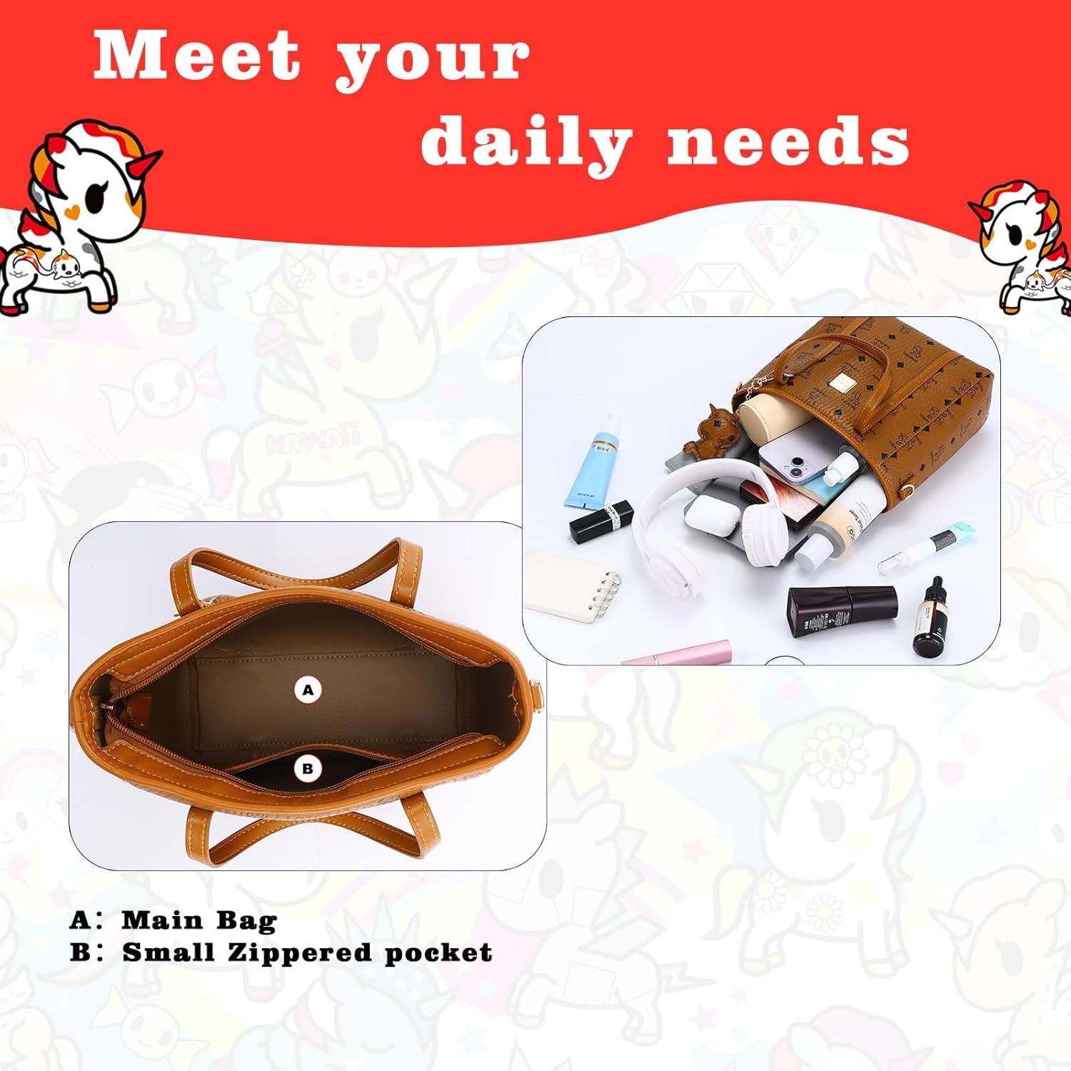 Tokidoki Brown Tote Bag Purse for Women,Cute PU Leather Shoulder Bag Handbags Detachable Tote with Unicorns Print (L (Large)