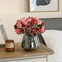 Vista 3 de Ramo de flores de rosas artificiales rosas, 24 piezas pequeñas de seda falsa decoración floral para el hogar, oficina, centro de mesa, fiesta, ramo