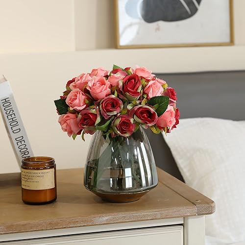 Miniatura 3 de Ramo de flores de rosas artificiales rosas, 24 piezas pequeñas de seda falsa decoración floral para el hogar, oficina, centro de mesa, fiesta, ramo