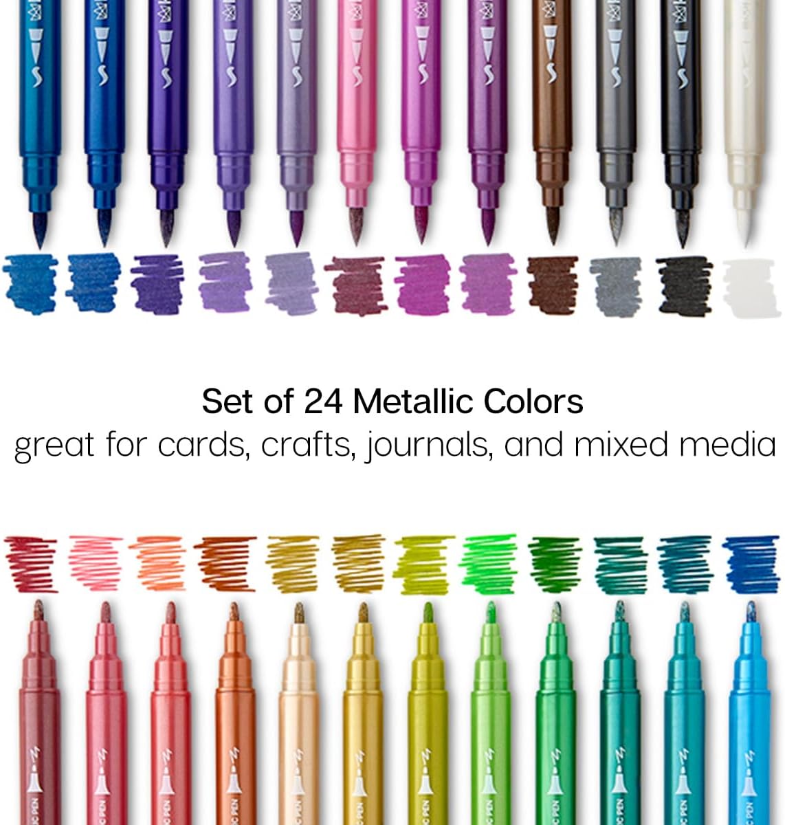 KINGART 24 Metallic Dual Tip Brush + Fine Markers - Easy for All Ages & Levels Pens for Card Making, Journaling, Scrapbooking, Fabric, Rock, Glass, DIY, Black Paper, Art Supplies, Halloween, Christmas