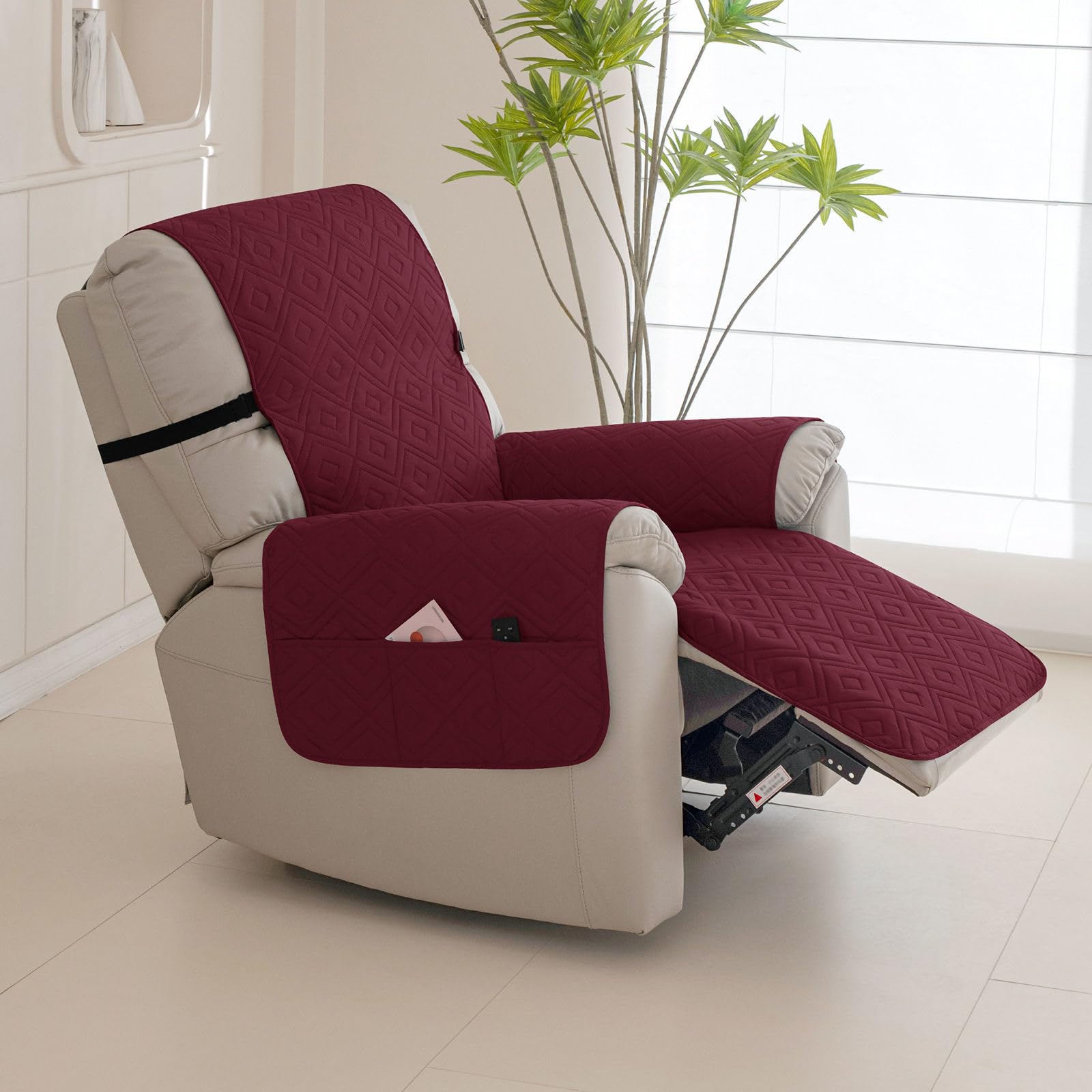 Funda antideslizante para silla reclinable acolchada para sillas eléctricas, protector de muebles de un solo asiento para niños, mascotas, perros, gatos, elegante color vino tinto