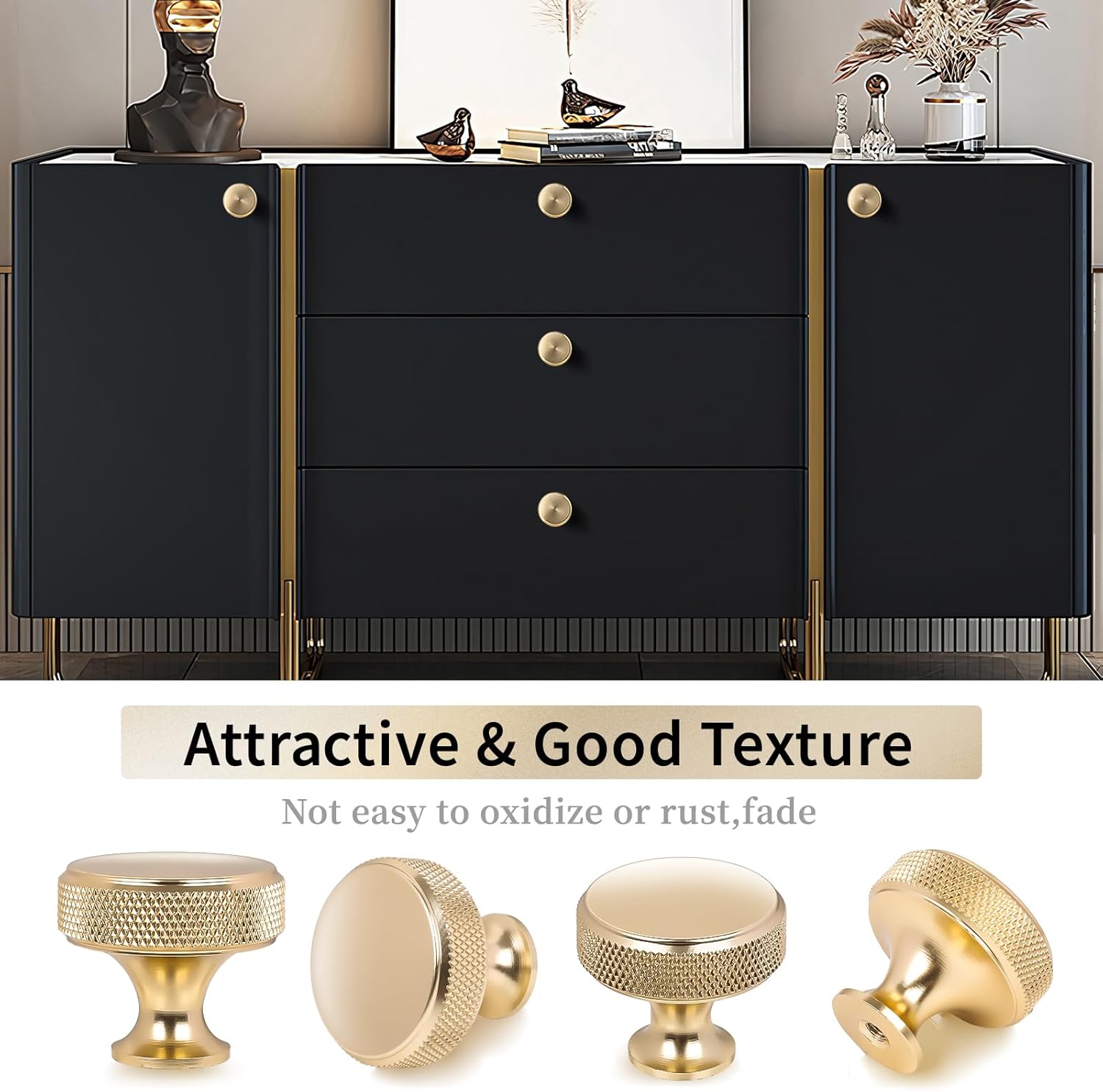 Gold Cabinet Knobs, Knurled Round Drawer Knobs Aluminium Dresser Pull Knob 30mm for Kitchen Bathroom Closet (4 Pack)