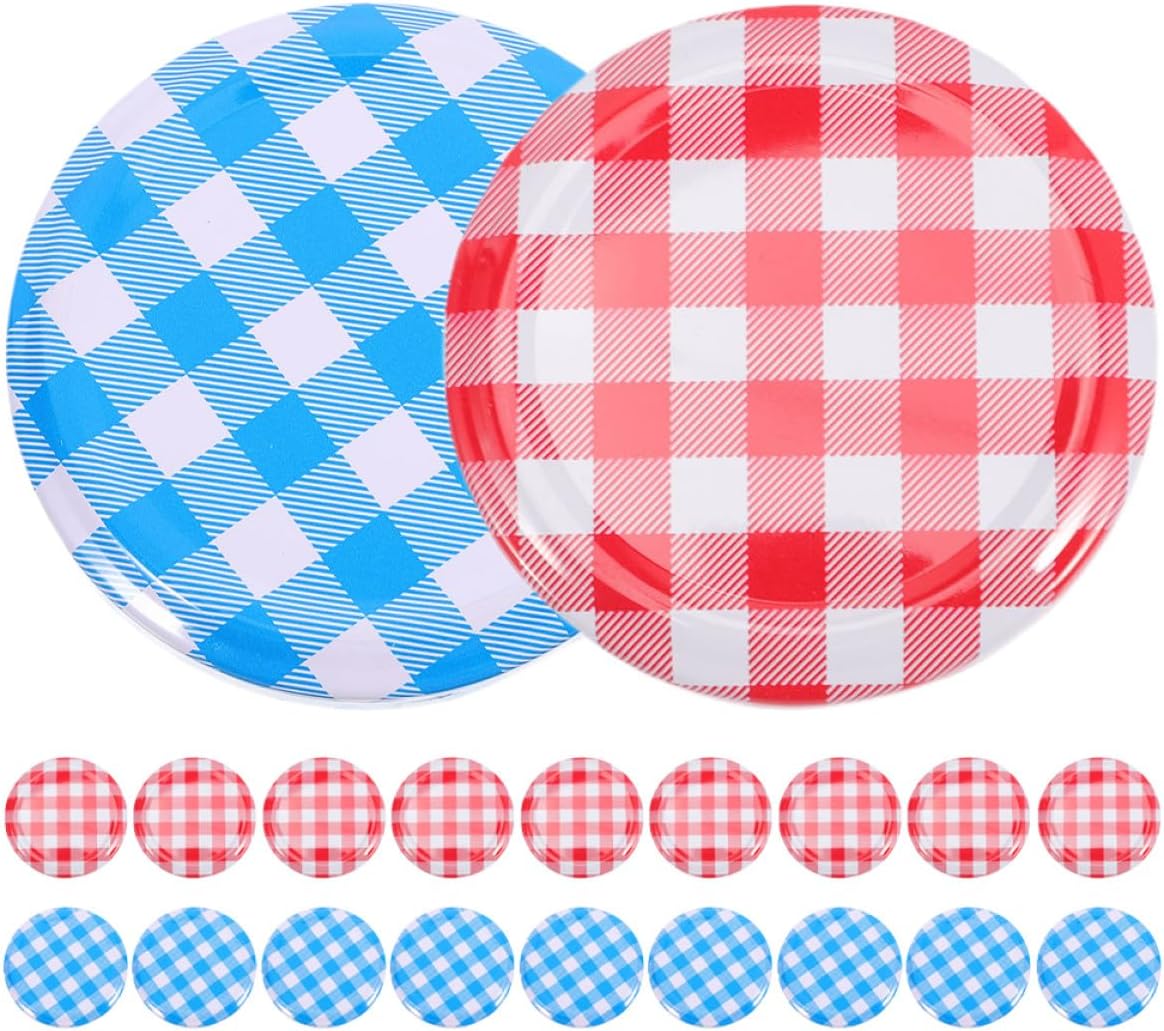 50pcs Mason Jar Lids Wide Mouth Reusable Metal Canning Jar Caps with Red and Blue Plaid Covers for Home Canning and Storage