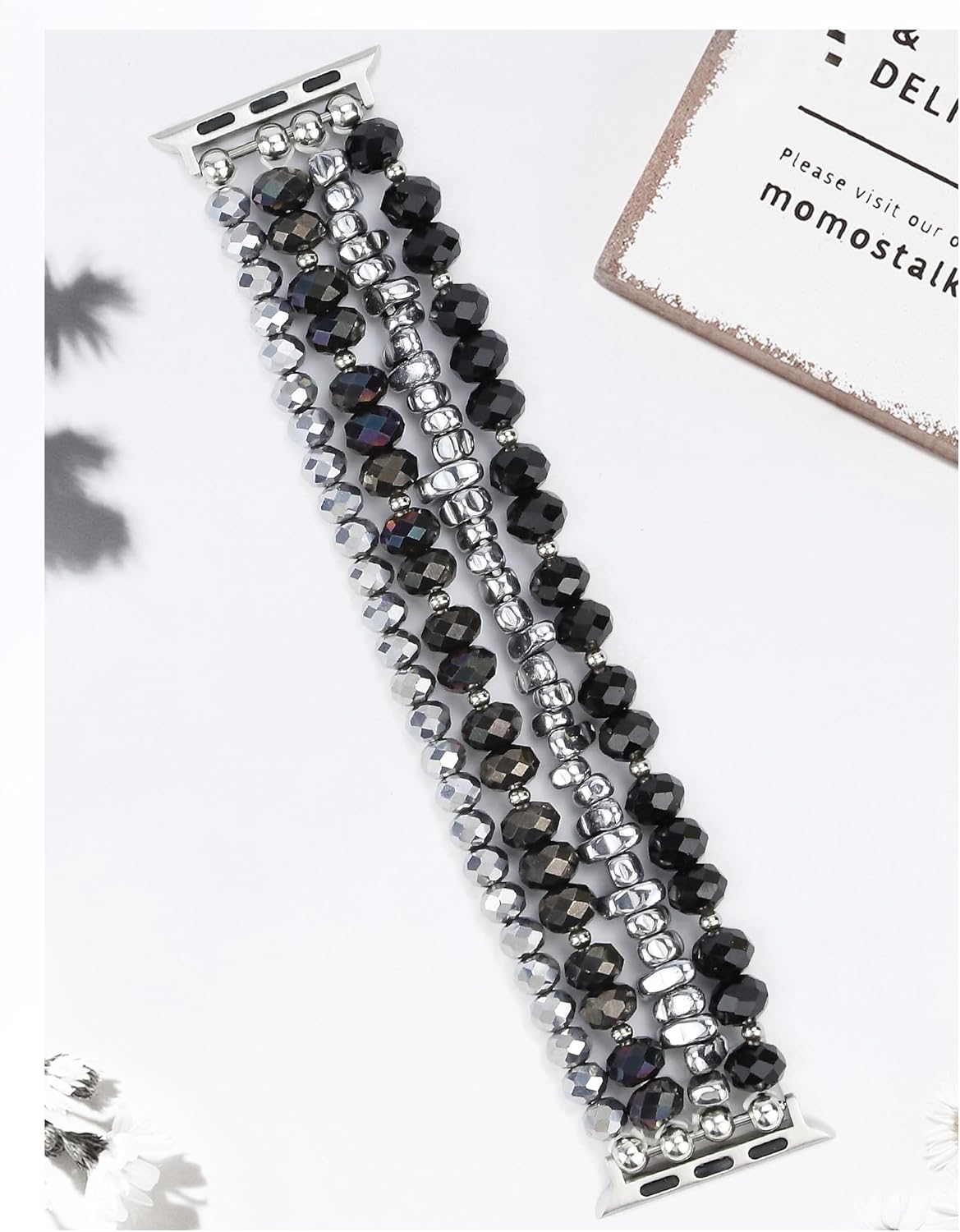 JR.DM Beaded Bracelet Bands Women Compatible with Apple Watch 38mm 40mm 41mm 42mm(S10/11) Stretch Handmade Dressy Crystal Strap Replacement for iWatch Series 11/10/9/8/7/6/5/4/3/2/1/SE, Black Silver - Image 4