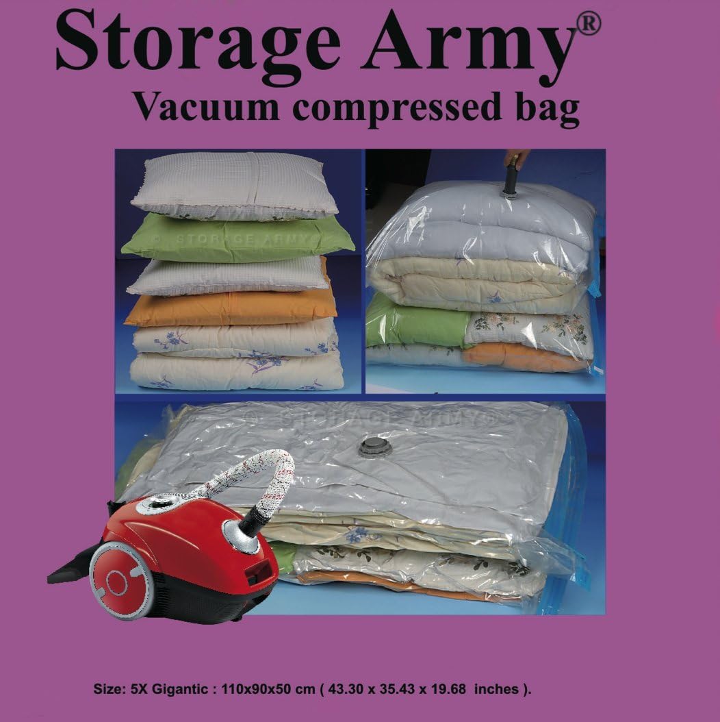 Storage Army [Pack of 5 Gigantic] Storage Bags Sealed Compressed Vacuum Bag Save Space Home Organizer and Travel Storage Saver Comforter Bags protection against Water | Odor | Mildew | Dust | Insects