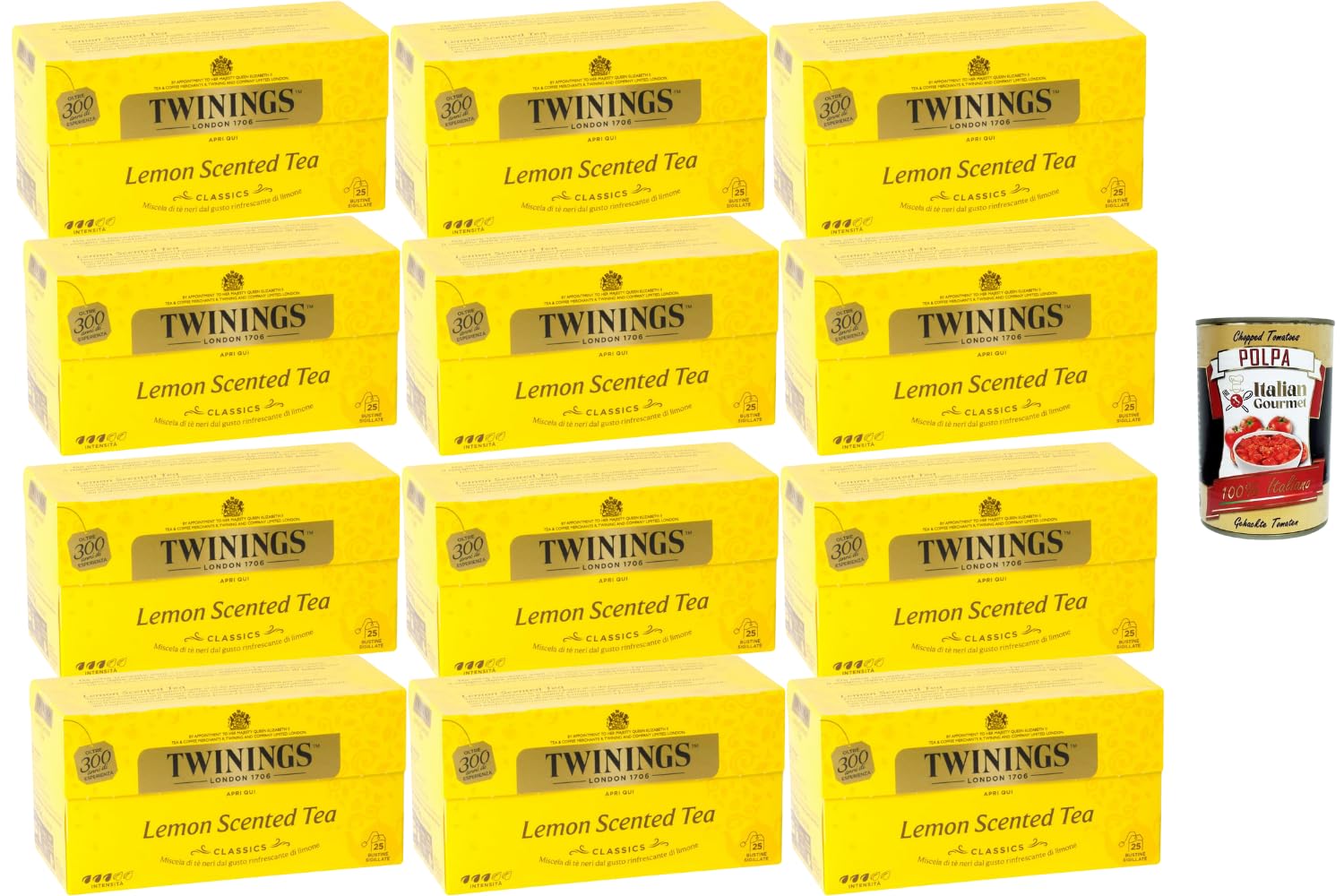 Italian Gourmet Schwarzer Tee Zitrone, 12er Pack 12 x 25 Teebeutel (50 g), Lemon Scented Tea, aromatisierter Schwarztee mit Zitronennote, einzeln verpackte Beutel + Italian Gourmet Polpa