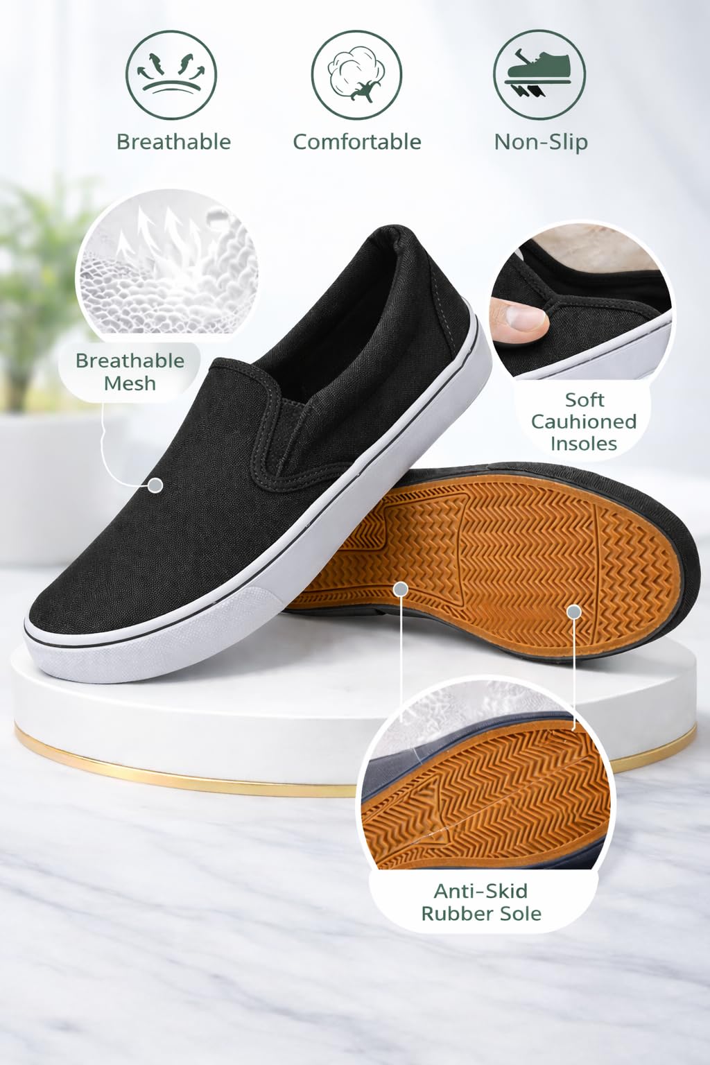 Emma Shoes Low-Top Slip Ons Women's Fashion Sneakers Casual Canvas Sneakers for Women Comfortable Flats Breathable Padded Insole Slip on Sneakers Women Low Slip on Shoes, Black, 9