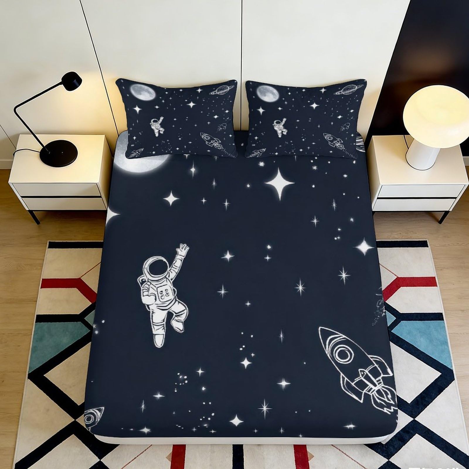 3D Printed Space Astronaut Fitted Sheet Microfiber Soft Breathable Starry Night Bed Cover for Bedroom Dormitory Guest Room Mattress Protection Decor 90x200x25cm