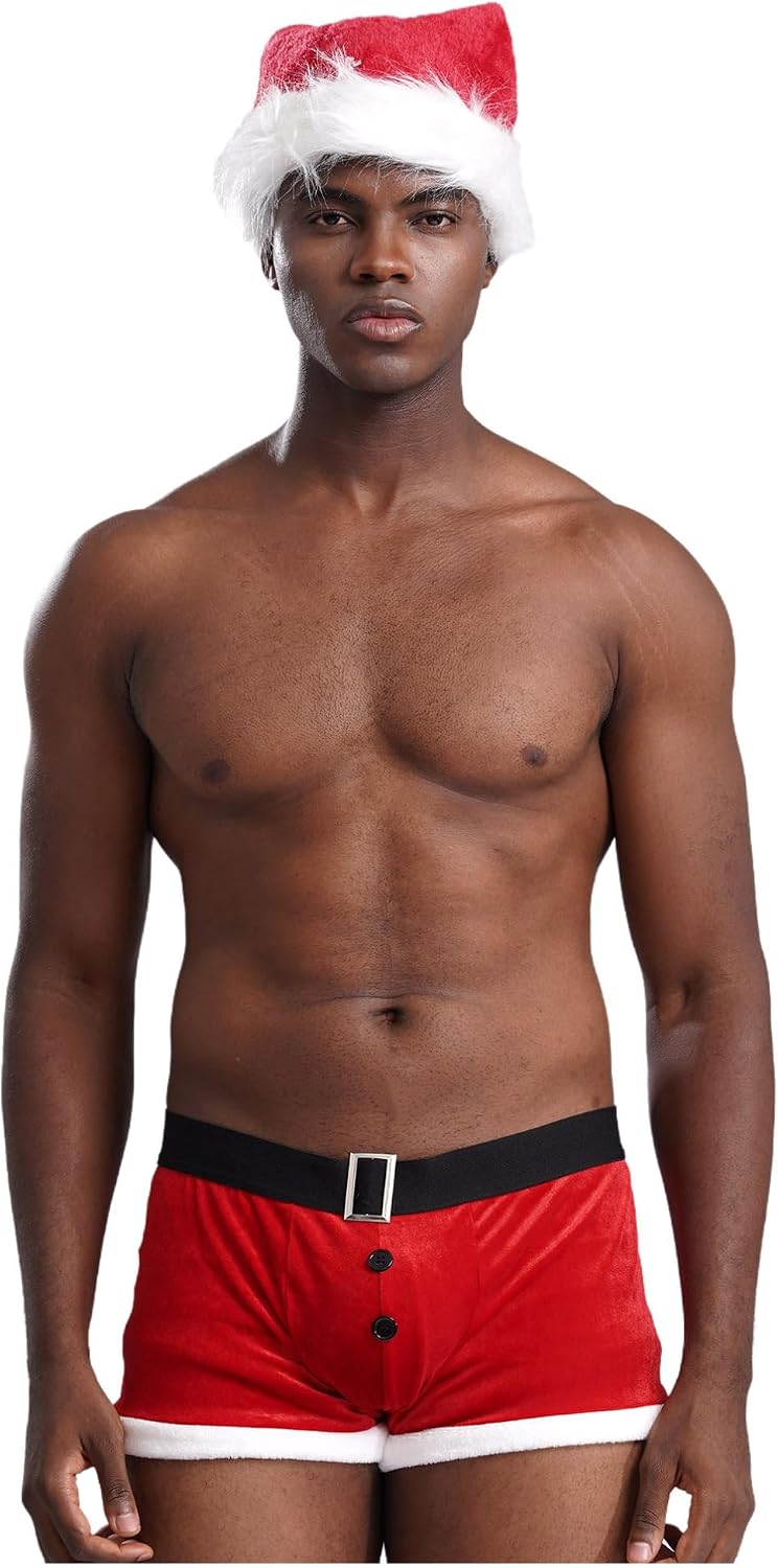 iiniim Men's Christmas Santa Claus Costume Velvet Briefs Lingerie Boxer Shorts Underwear with Hat