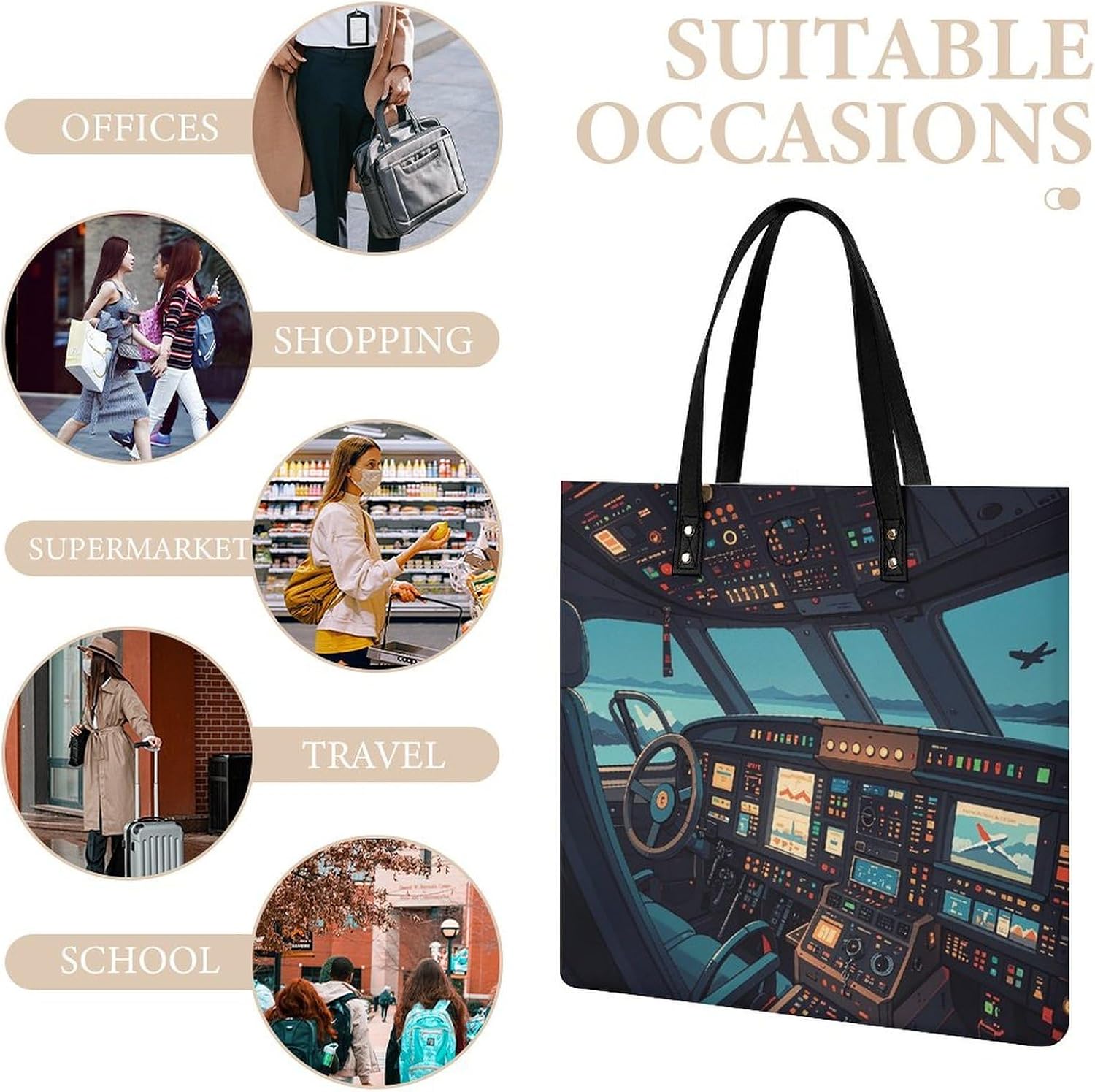 Airplane Tote Bag with Magnetic Buckle Reusable Grocery Bags Lightweight Cross Body Handbag for Daily Essentials