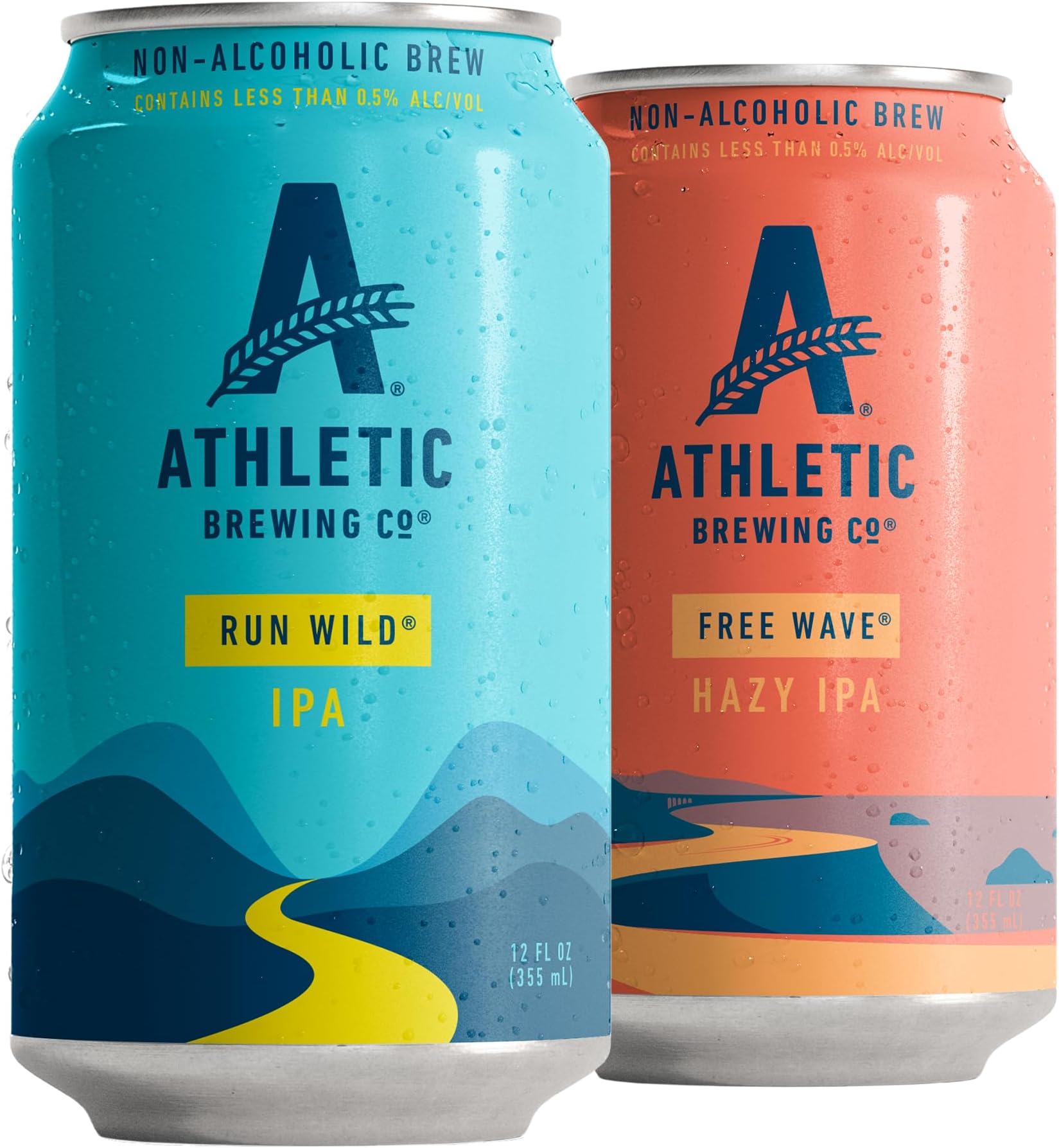 Athletic Brewing Company Craft Non Alcoholic Beer, Vegan IPA & Hazy IPA, Low Calorie Brews, 6 Run Wild, 6 Free Wave, 12 Pack, 12 FL Oz Cans