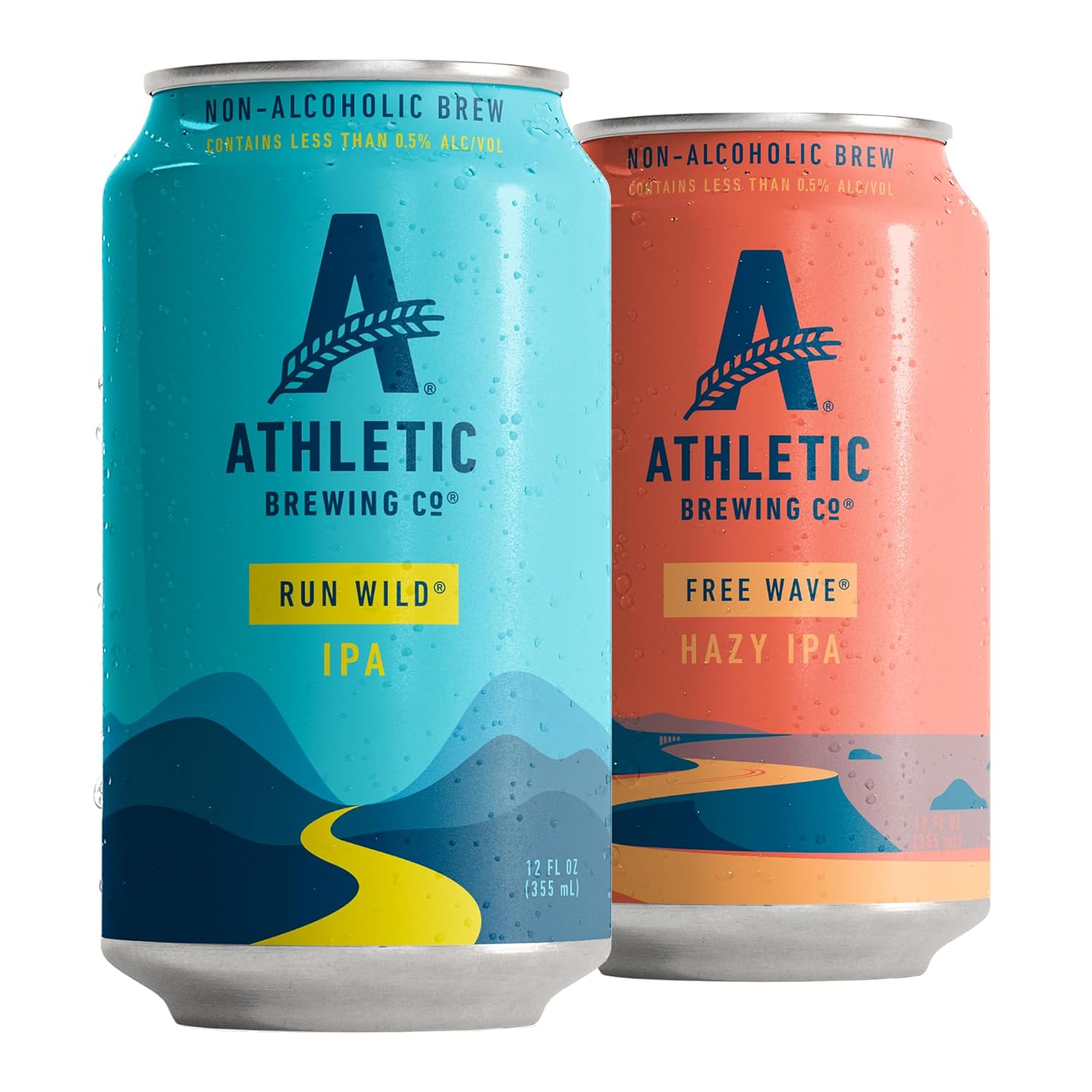 Athletic Brewing Company Craft Non Alcoholic Beer, Vegan IPA & Hazy IPA, Low Calorie Brews, 6 Run Wild, 6 Free Wave, 12 Pack, 12 FL Oz Cans