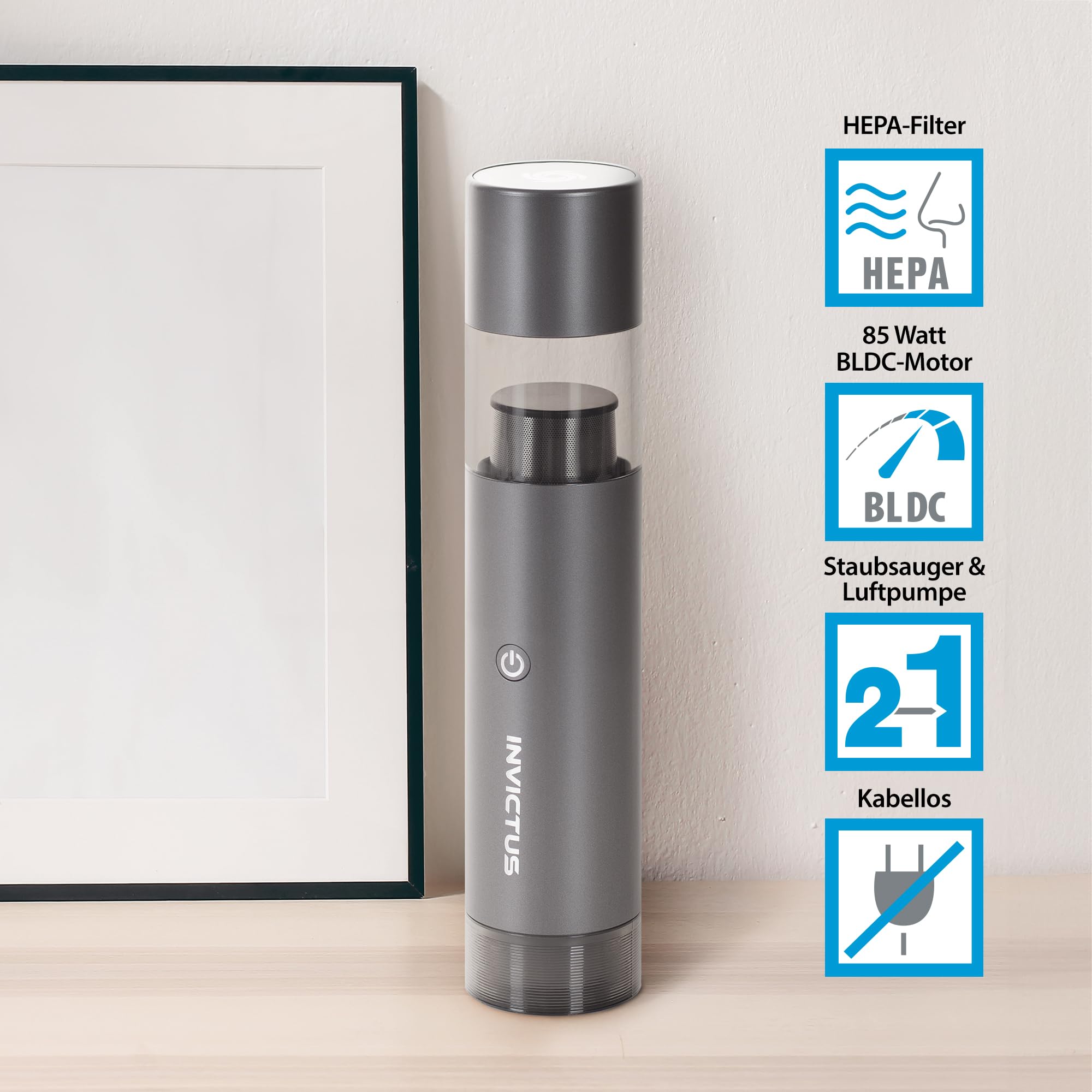 Genius Invictus One Table A06883 - Juego de 7 miniaspiradoras con batería 2 en 1 para Coche, Mesa y PC, Bomba de Aire, Tiempo de Funcionamiento hasta 20 min, Filtro HEPA de Carga rápida