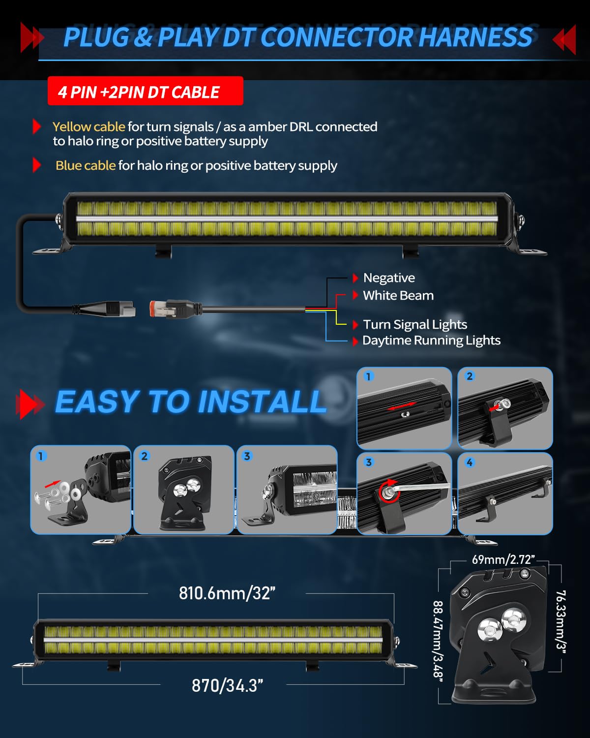 BraveWAY 32" Double Rangée Barre Rampe LED DRL 270W 30000LM Phare LED Barre Lumineuse 12/24V Longue Portée Homologation ECE pour Les Véhicules de Tracteurs Agricoles, 4x4 Duads, Poids Lourd, Caravan