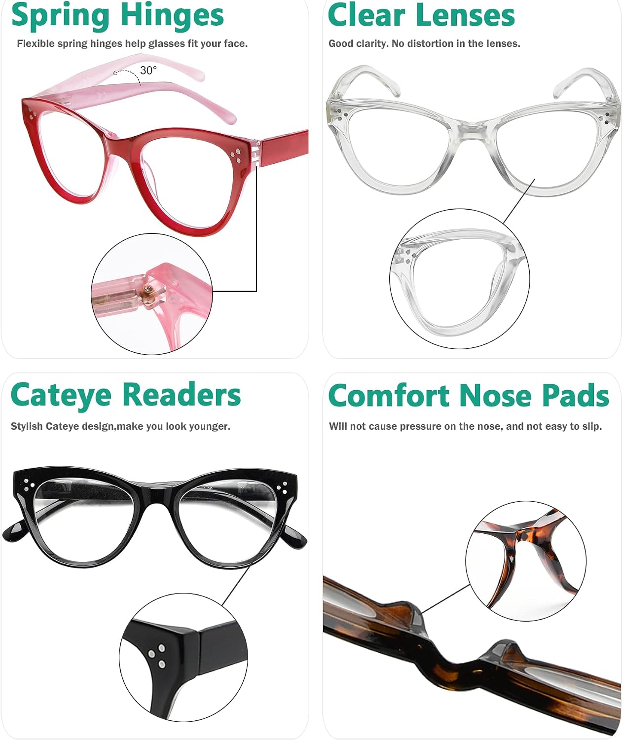 Eyekepper 4-pack Cateye Design Reading Glasses Oversized Readers for Women Reading +4.00