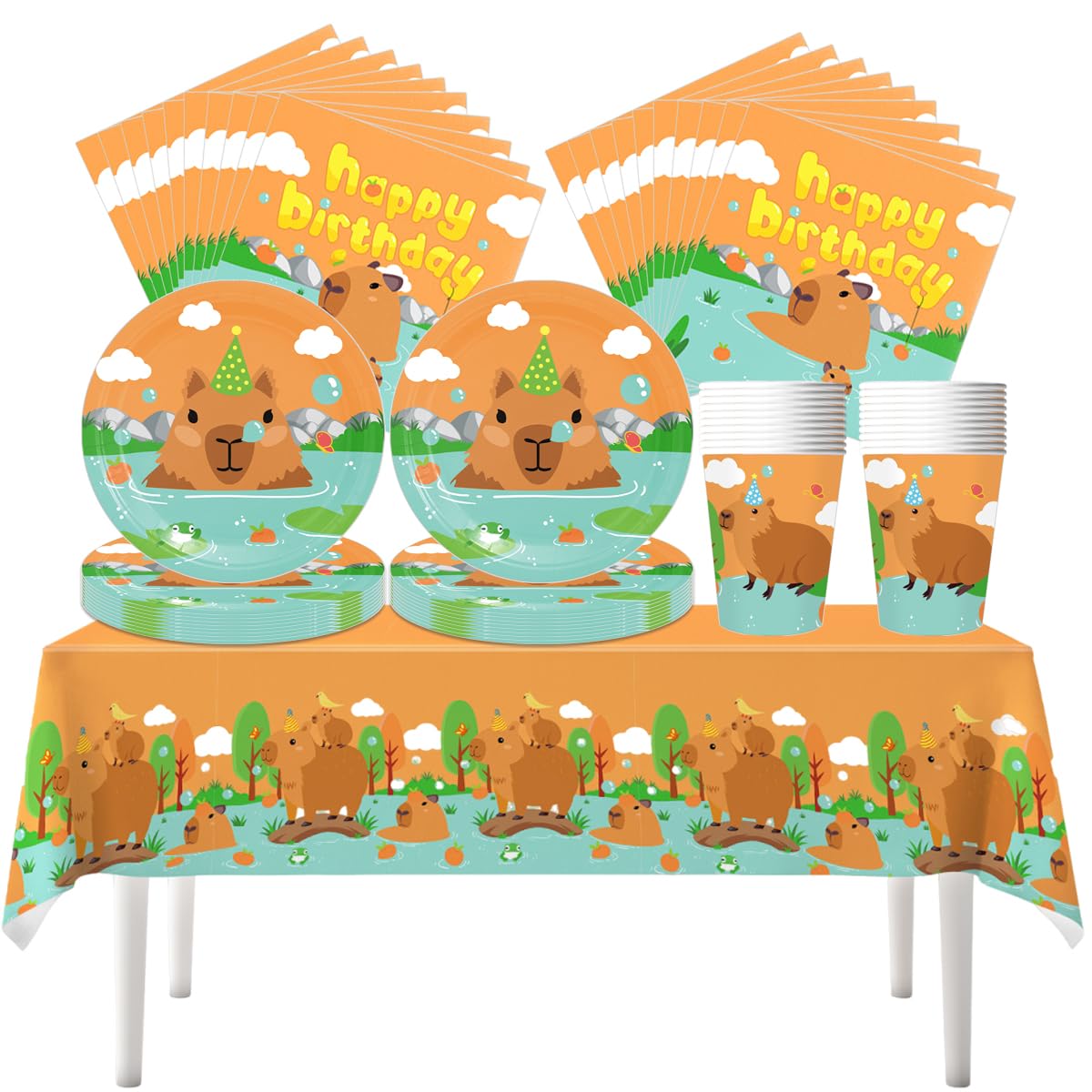 Fuwraixis Capybara Party Tableware, 61 piece Birthday Tableware, Animals Theme Party Supplies Set, Includes Paper Cups, Plates, Napkins and tablecloths(20 Guests)