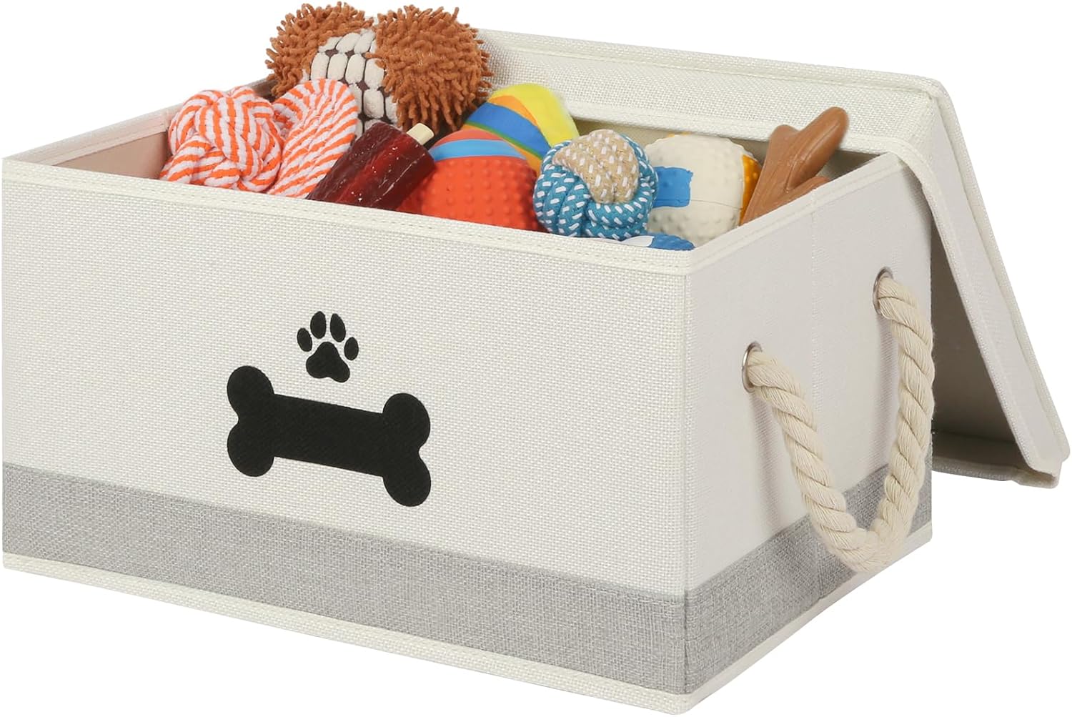 Dog Toy Basket with Lid, Dog Basket for Toys, Dog Toy Box with Cotton Rope Handles, Collapsible Storage Bins for Dog Toys, Dog Storage Organizer, Beige-Gray