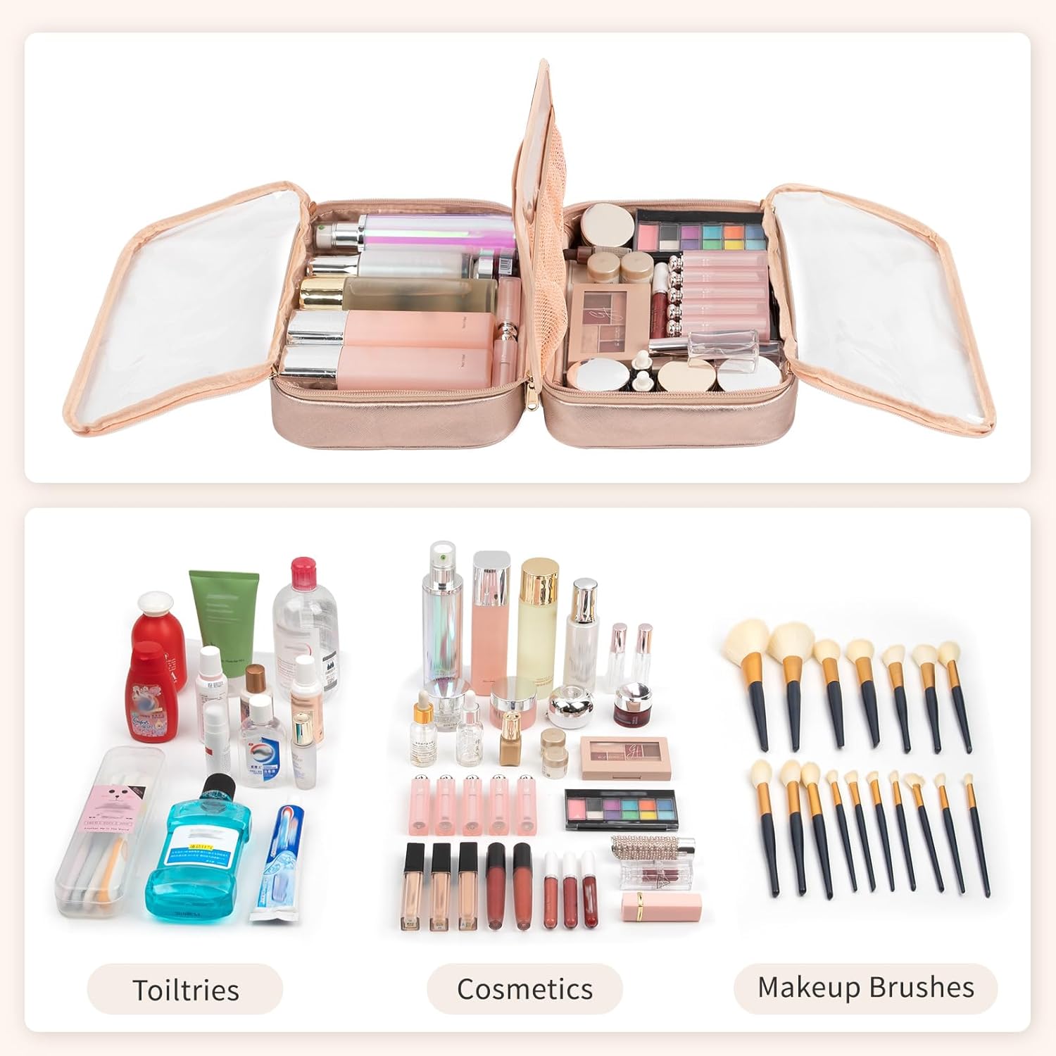 OCHEAL Makeup Bag, Makeup Travel Bag Large Capacity Cosmetic Organizer with Makeup Brush Compartment & Handle for Women Girls Travel Toiletry Accessories-Rose Gold - Image 7