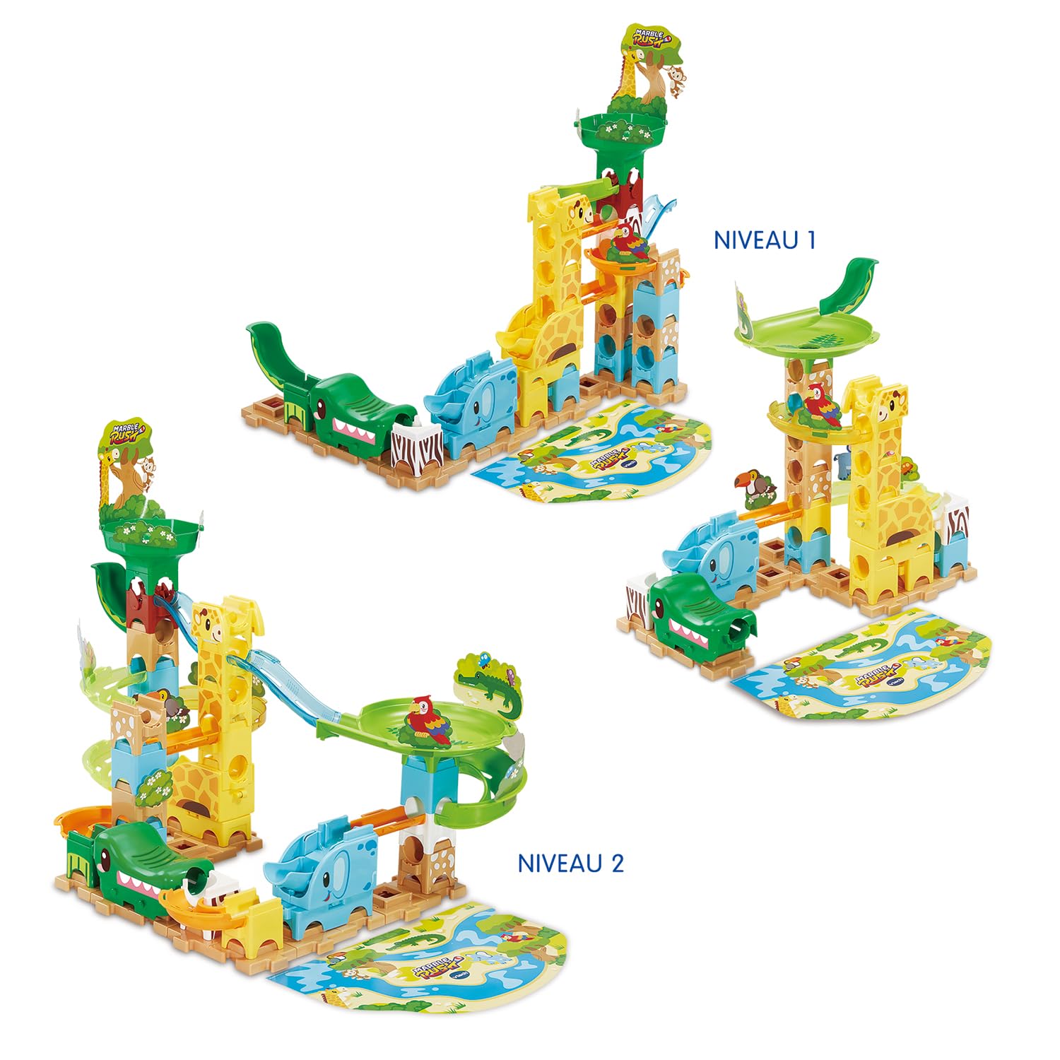 VTech - Marble Rush Junior Animal Set J100 - Circuit à Billes Enfant, 58 Pièces et 6 Billes - Jeu de Construction, Jouet Animaux de la Savane - Cadeau Enfant Dès 3 Ans - Contenu en Français