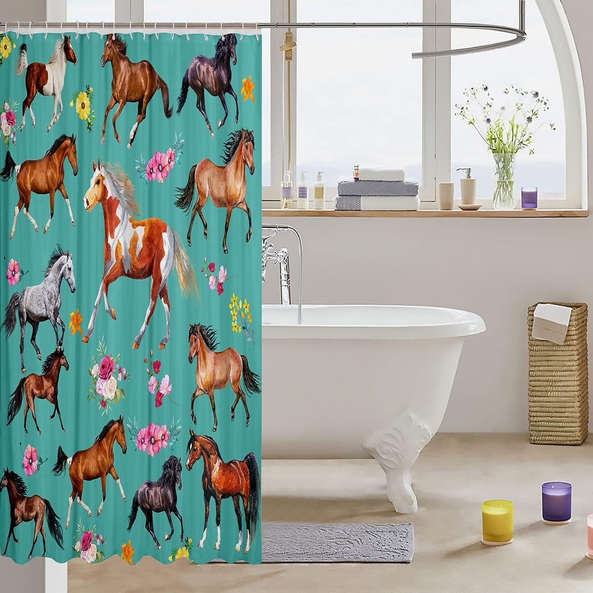 Feelyou Girls Cute Horse Shower Curtain for Girls Floral Galloping Horses Bathroom Shower Curtain Set Pink Floral Farmhouse Bath Curtain Galloping Horse Teel Green Kids Bathroom Accessories 72"x78"
