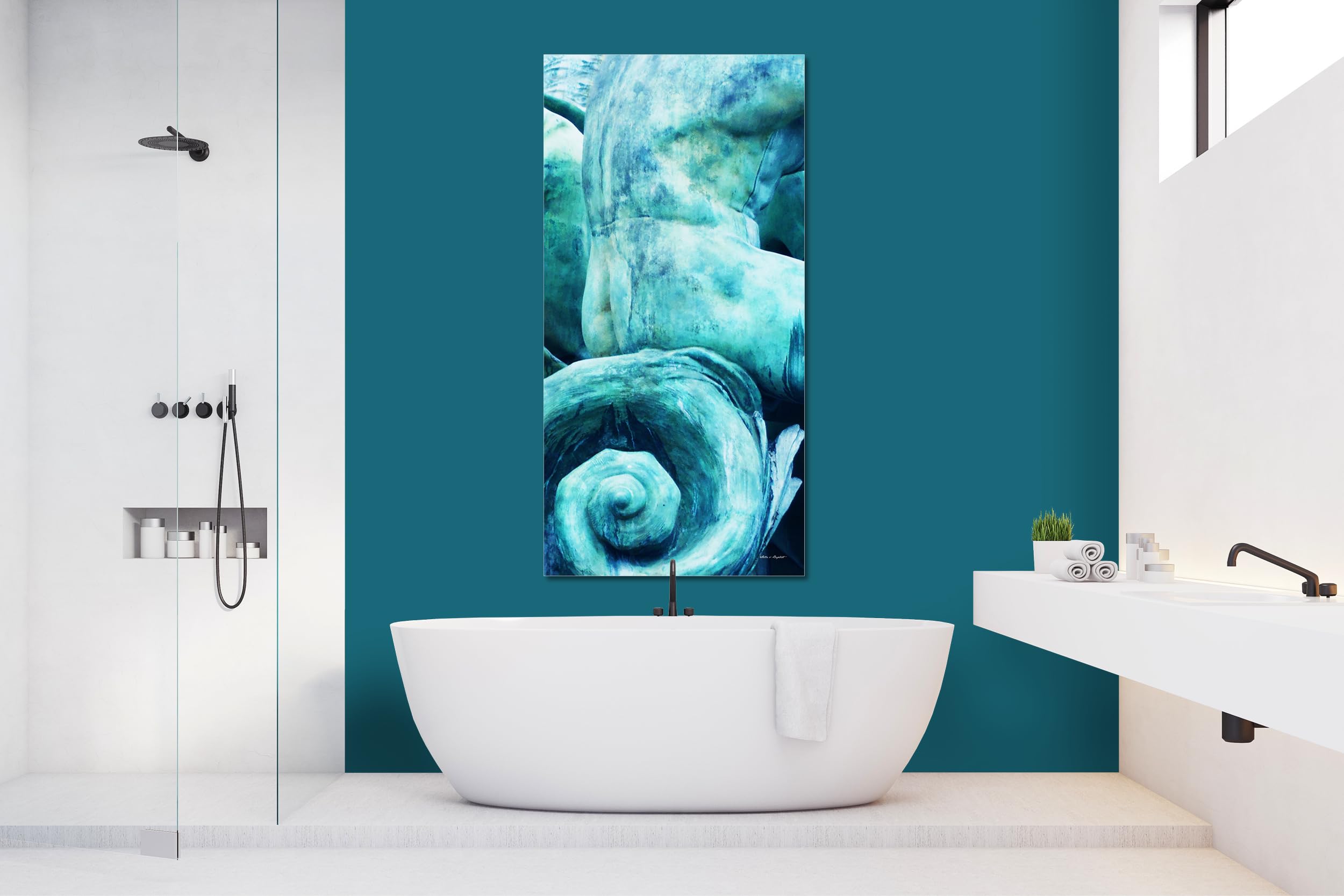 Glücksvilla - Der schöne Mann (Leinwand-Bild 2 cm, 100 x 200 cm) | div. Maße - aus DE - Kunstdruck Deko Wandbild quer - Statue Körper Brunnen Bronze Figur Kunst