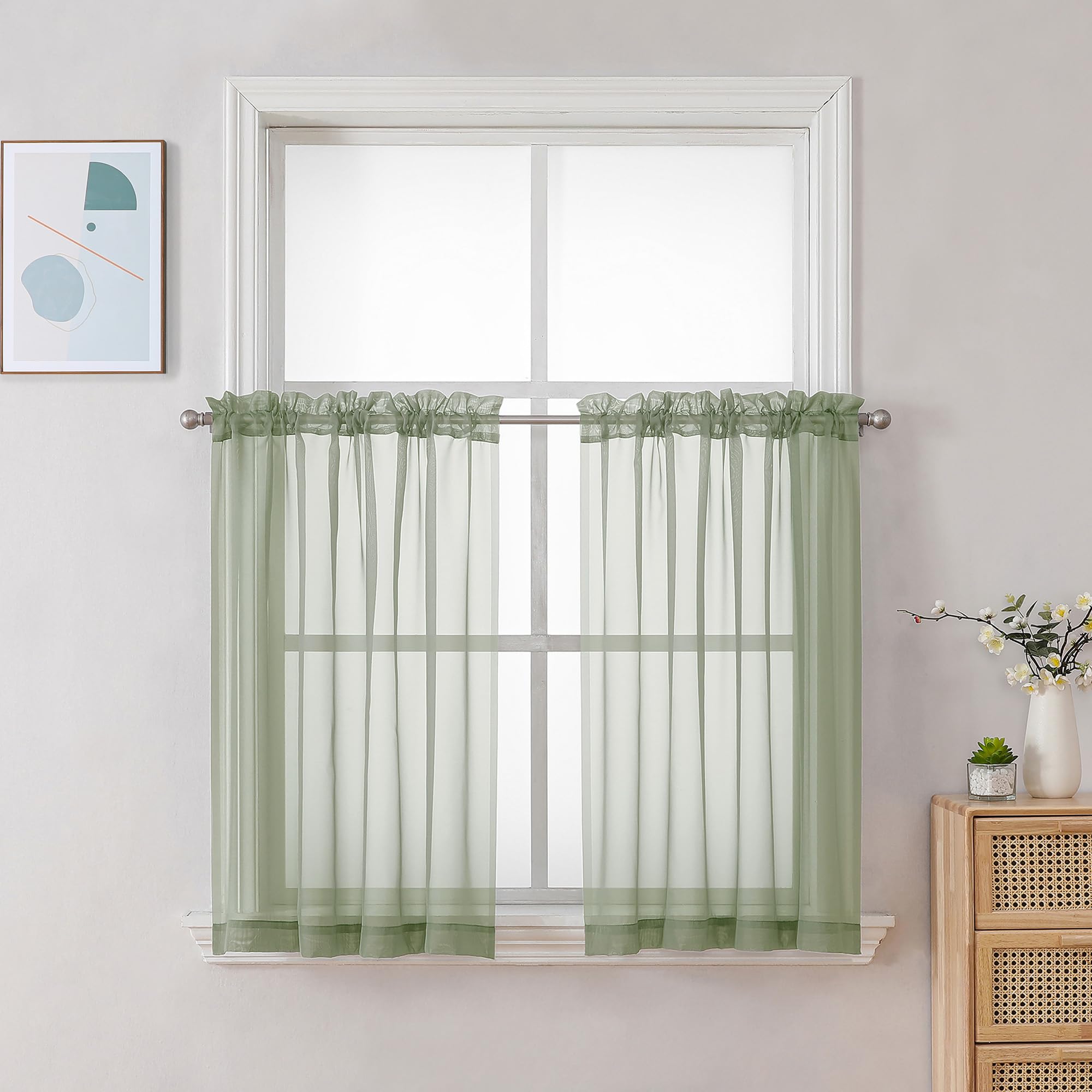 Chyhomenyc Sheer Curtains Tiers 42W x 24L Inches 2 Pieces Set, Light Filtering Small Curtains, Short Bathroom Living Room Cafe Basement Voile Window Curtains, Rod Pocket, Sage Green