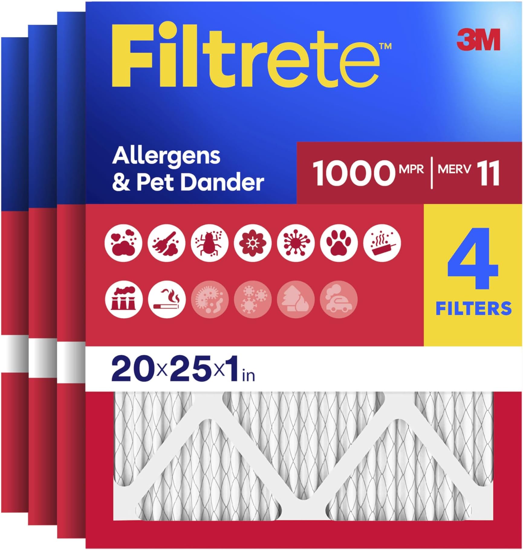 20x25x1 Air Filter, MERV 11, MPR 1000, Allergens & Pet Dander, 3-Month AC and Furnace Filters, Cleaner Air, Reliable Airflow, 4 HVAC Filters (Actual Size 19.68 x 24.68 x 0.81 in)