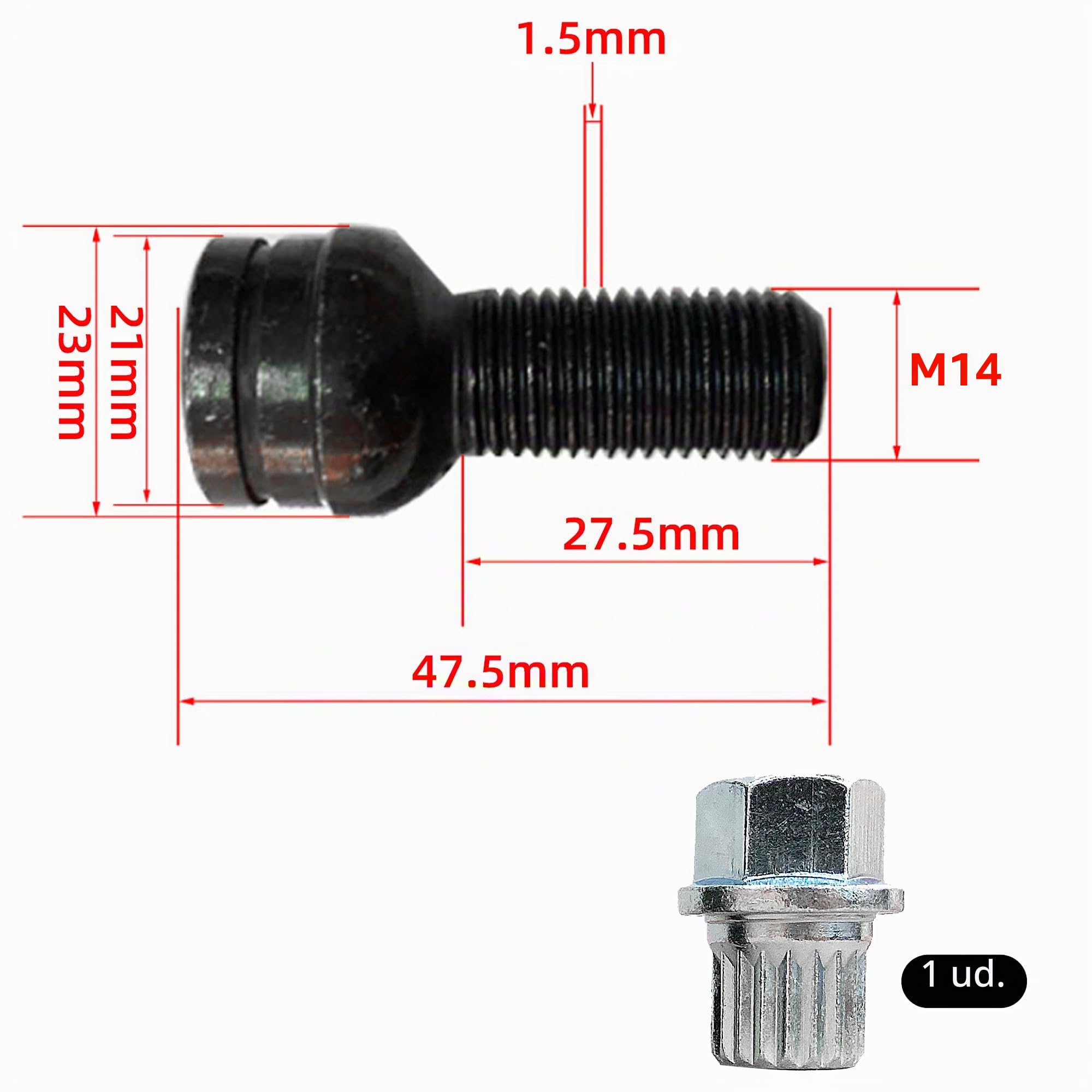 4 pernos de rueda antirrobo de acero con tuercas de rueda, modelo M14 x 1,5 mm, para protección y seguridad de las ruedas