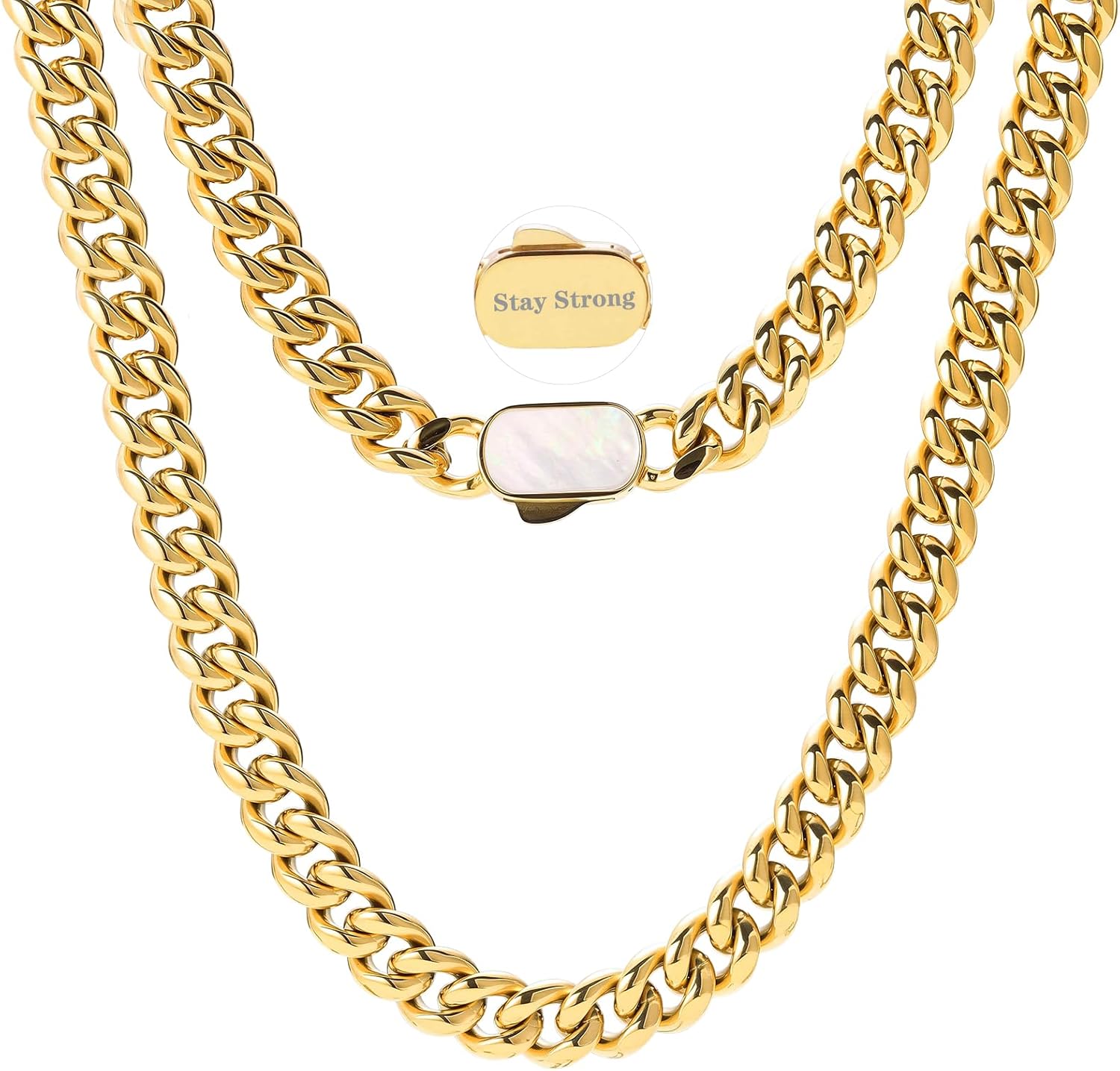 Miami Cuban Link Chain for Men 8mm 316L Stainless Steel 18K Plated Gold or White Gold Curb Cuban Chain Necklace, Stay Strong Engraved with Natural Shell Clasp, Durable Waterproof Hip Hop Jewelry Gift for Him, Everyday Wear