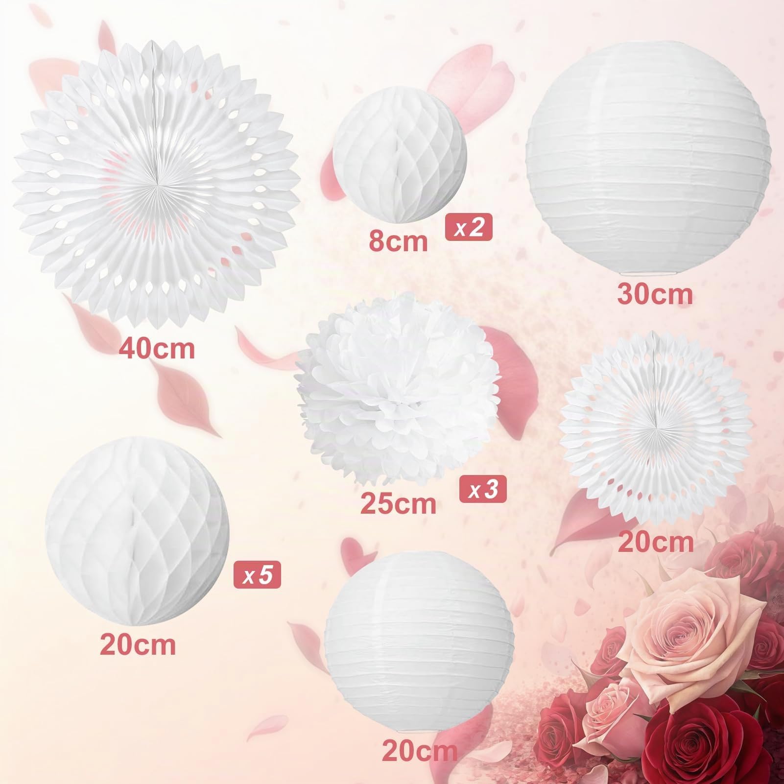 EASY JOY Hochzeitsdeko Vintage Lampions,Pompons Deko Weiß,lampions weiß,Seidenpapier Pompoms,Taufe Deko, Konfirmation Deko,kommunion Deko,für Geburtstag,Party Deko,Valentinstag,Tischdeko Hochzeit