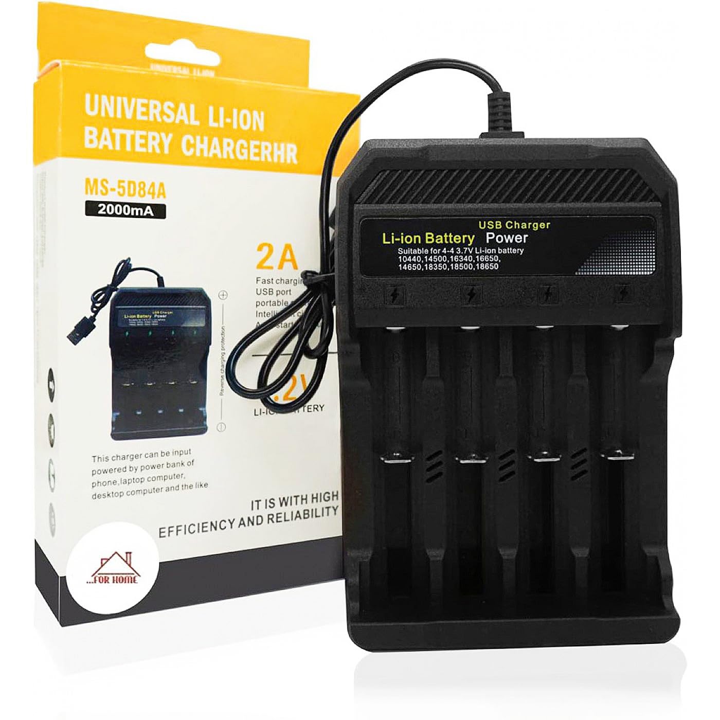 Universal Li-ion Battery Charger, 2000mA, 2A Fast Charging, USB Port, Portable Suitable for 4-4 3.7V Li-ion battery 10440,14500,16340,16650, 14650,18350,18500,18650