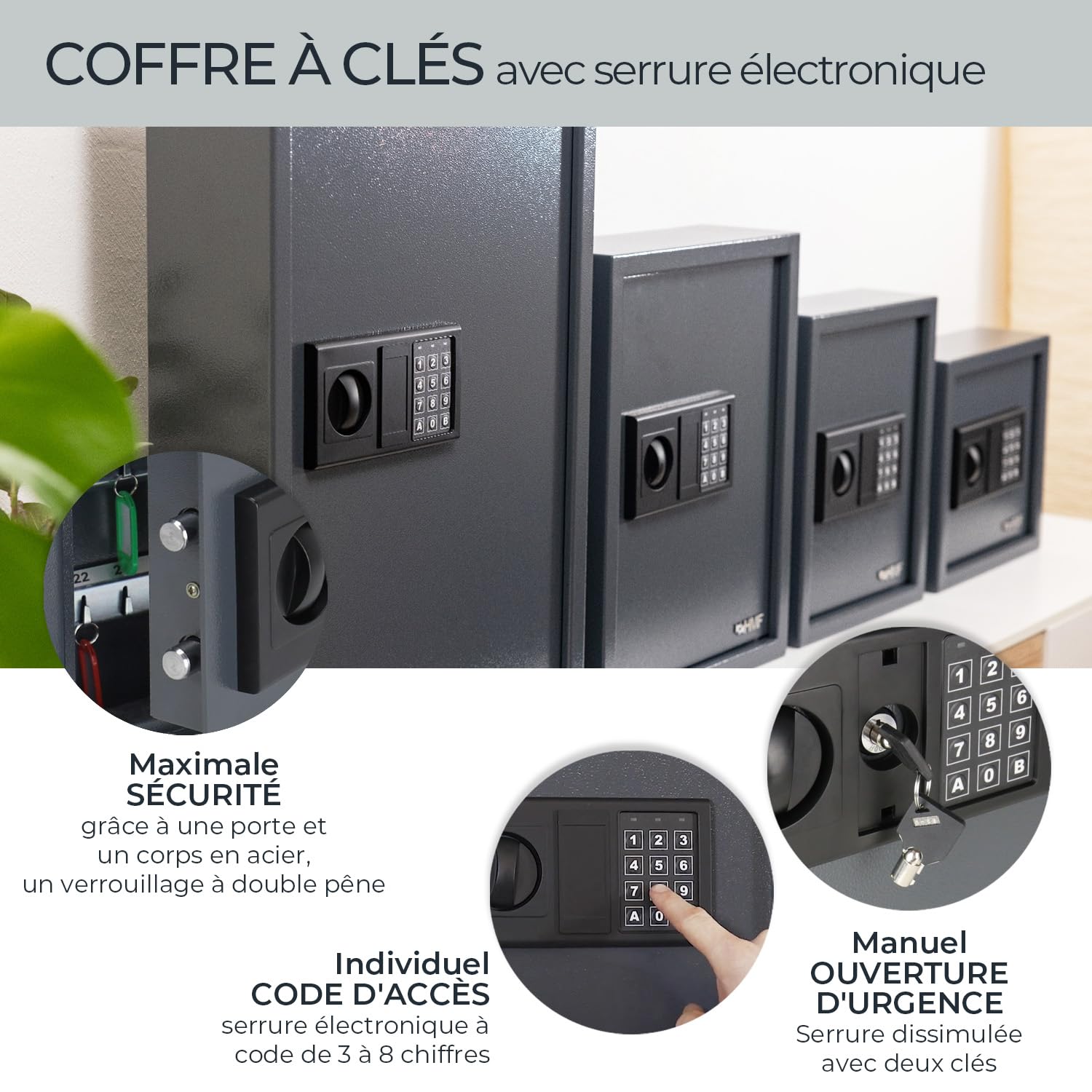 HMF Boîte à clés sécurisée avec code numérique, Coffre à clés avec serrure électronique | 30 crochets | 30 x 28 x 10 cm | Anthracite