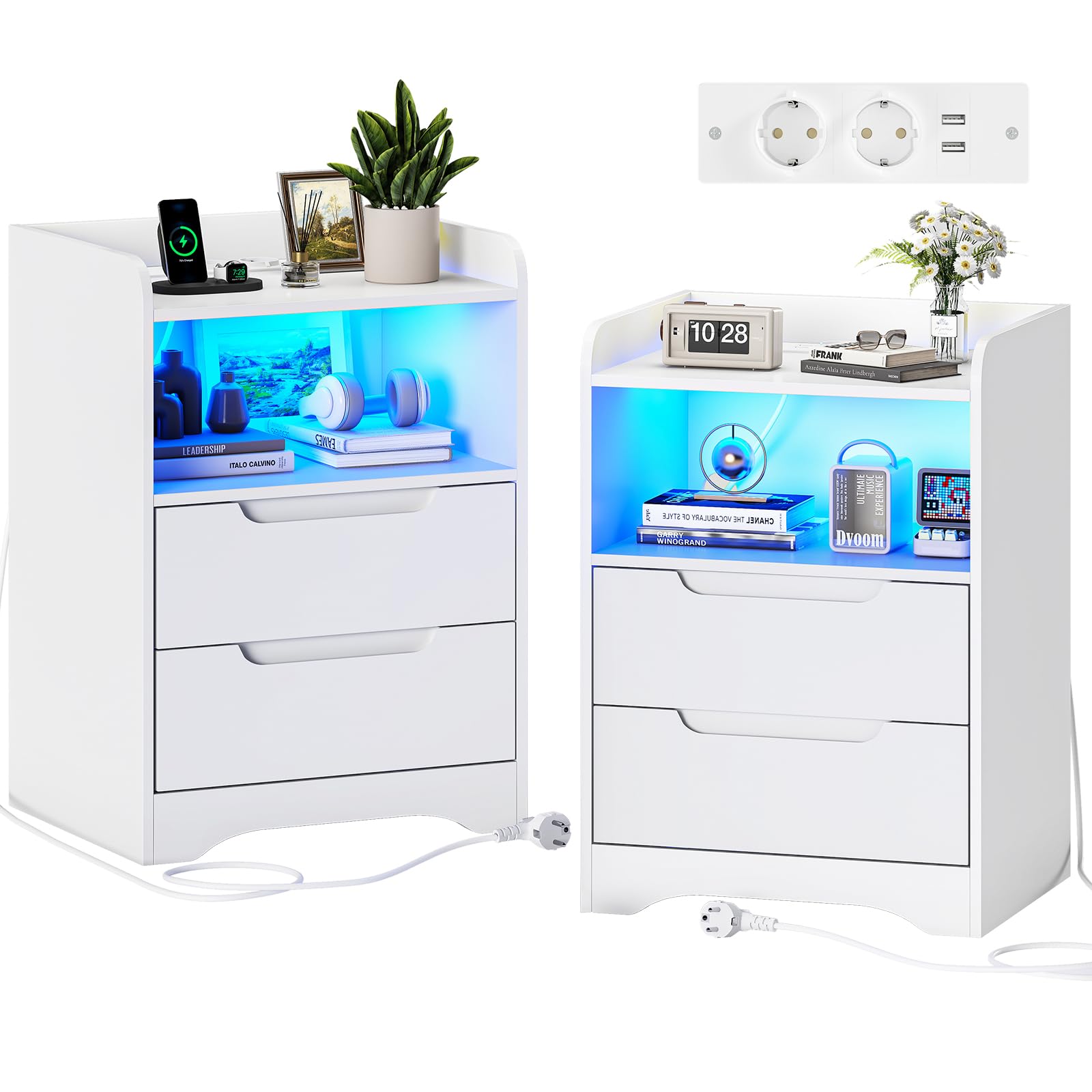 Juego de 2 Mesitas de Noche Blancas con Iluminación LED Mesillas de Noche Dormitorio Mesa de Noche con Estación de Carga, 2 Puertos USB, Mesa Auxiliar con 1 compartimento abierto 2 cajones 35x40x58 cm