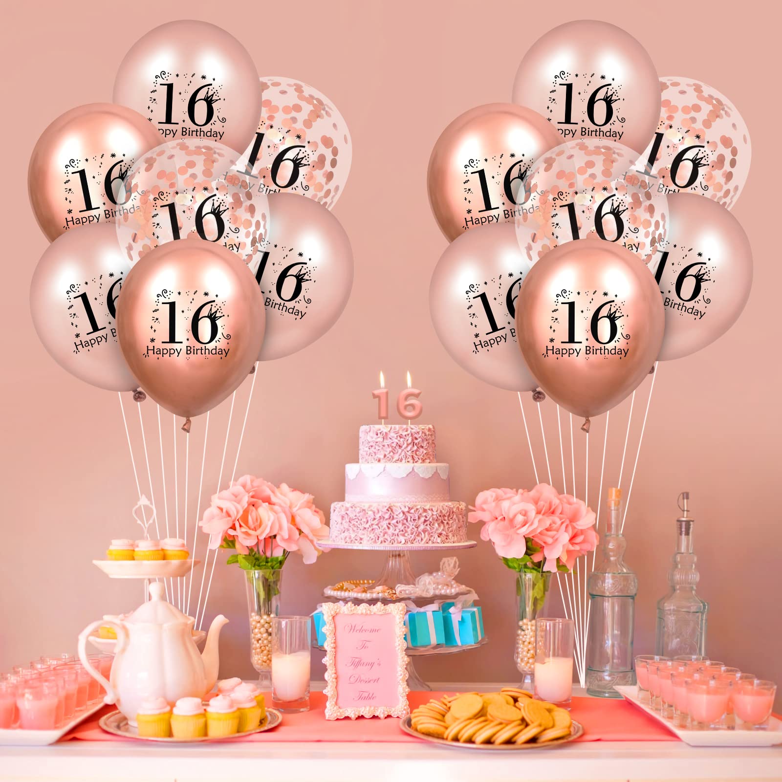 Partydeko-Set Zum 16. Geburtstag – Roségold, Mit Ballons, Banner, Waben, Cake Topper, 42-teilig, Für Mädchen