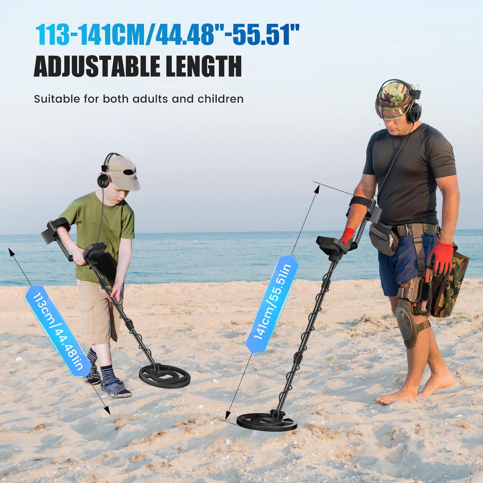 Détecteur de métaux Haute précision, Longueur réglable de 113-141 cm, 5 Modes, détecteur de métaux Professionnel avec écran LCD, Bobine de Recherche étanche IP68