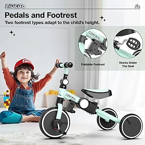 Ridego 5 in 1 Toddler Bike, Foldable Bike for Toddlers 2-5 Years Old Boys and Girls, Kids Tricycle with Push Handle,Tricycle for 2 Year Old Toy and Gift with Removable Pedal