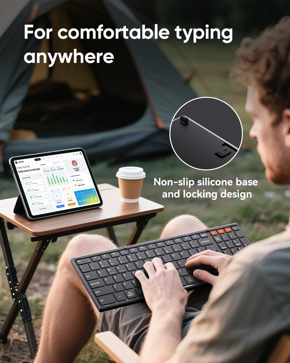 CHESONA Foldable Keyboard and Mouse Combo - Ultra Slim 600g with 2.4G+Dual Bluetooth Compact Wireless Folding Keyboard with Stand - Portable for Business/Travel with Case - Win/Mac/iOS/Android - Black