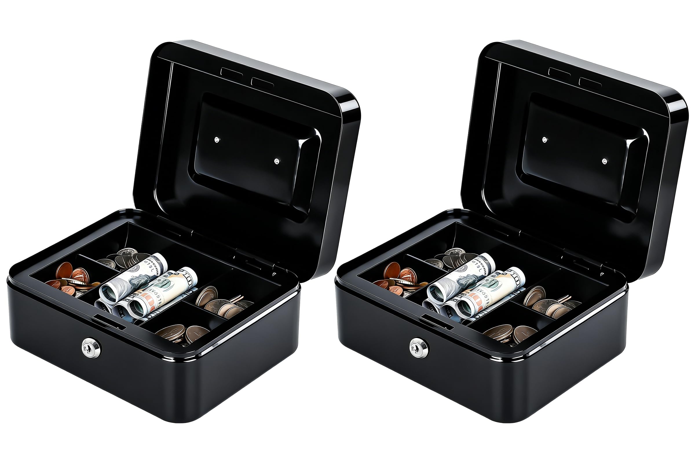 kyodoled metal cash box with key lock & money tray - secure safe for home, office & events, ideal for cash, meds & small items, 7.87" x 6.30" x 3.35", black, 2pack