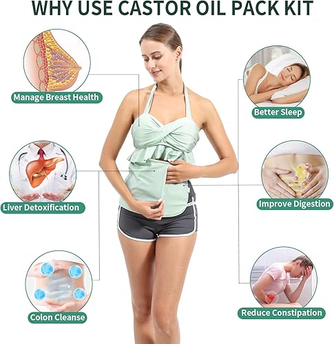 Miniatura 2 de KANAV Paquete de 2 paquetes de aceite de ricino para pecho y cintura, paquetes de aceite de ricino de franela de algodón orgánico reutilizables para