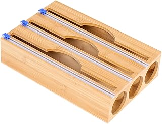 3 in 1 Plastic Wrap Dispenser with Cutter Bamboo Foil and Saran Wrap Dispenser, Aluminum Foil and Wax Paper Organizer Kitchen Organizer 13.1"x 8.6"x3.6" Compatible with 12" Roll