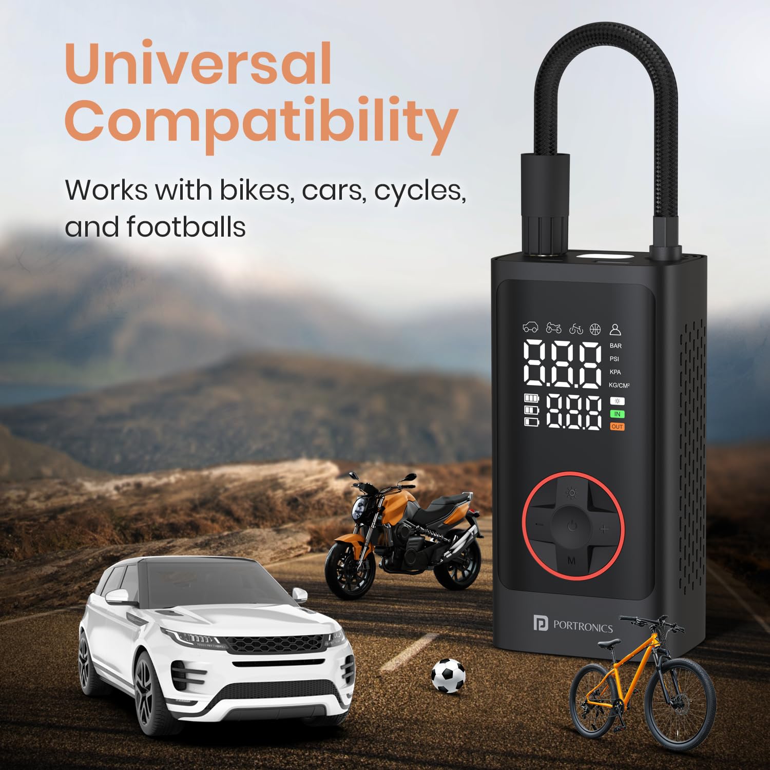 Portronics Vayu 7.0 Tyre Inflator, Full-Size Digital Display, 4000 mAh Battery, 150 PSI Pressure, Preset Modes, Flashlight with SOS, Pressure Detection, for Cars, Bikes, Bicycles & Balls(Black) - Image 5 thumbnail