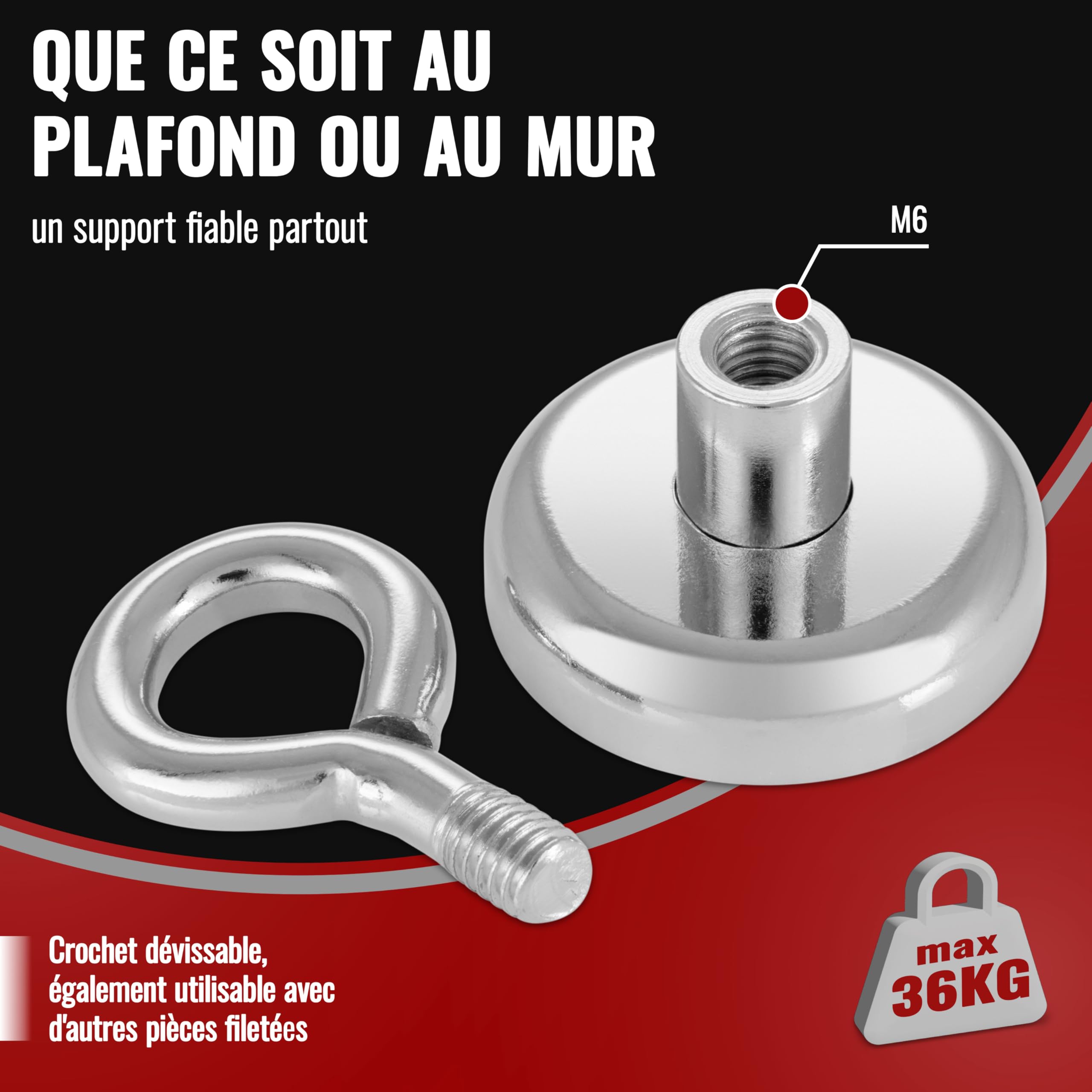POPPSTAR 10 Oeillets Magnétiques Néodyme (force d'adhérence 36 kg, diamètre 32 mm), extra fort, argenté