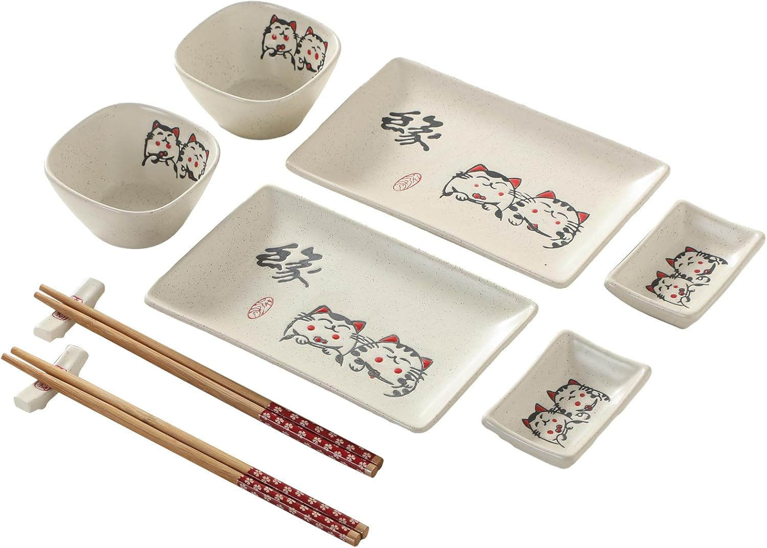 10 pcs Japanese Sushi Plate Sets Serving Platters and Trays for Entertaining Sushi Dishes Set Plates Sushi Plates Traditional Cuisine Dinnerware Sets with Chopsticks Cat