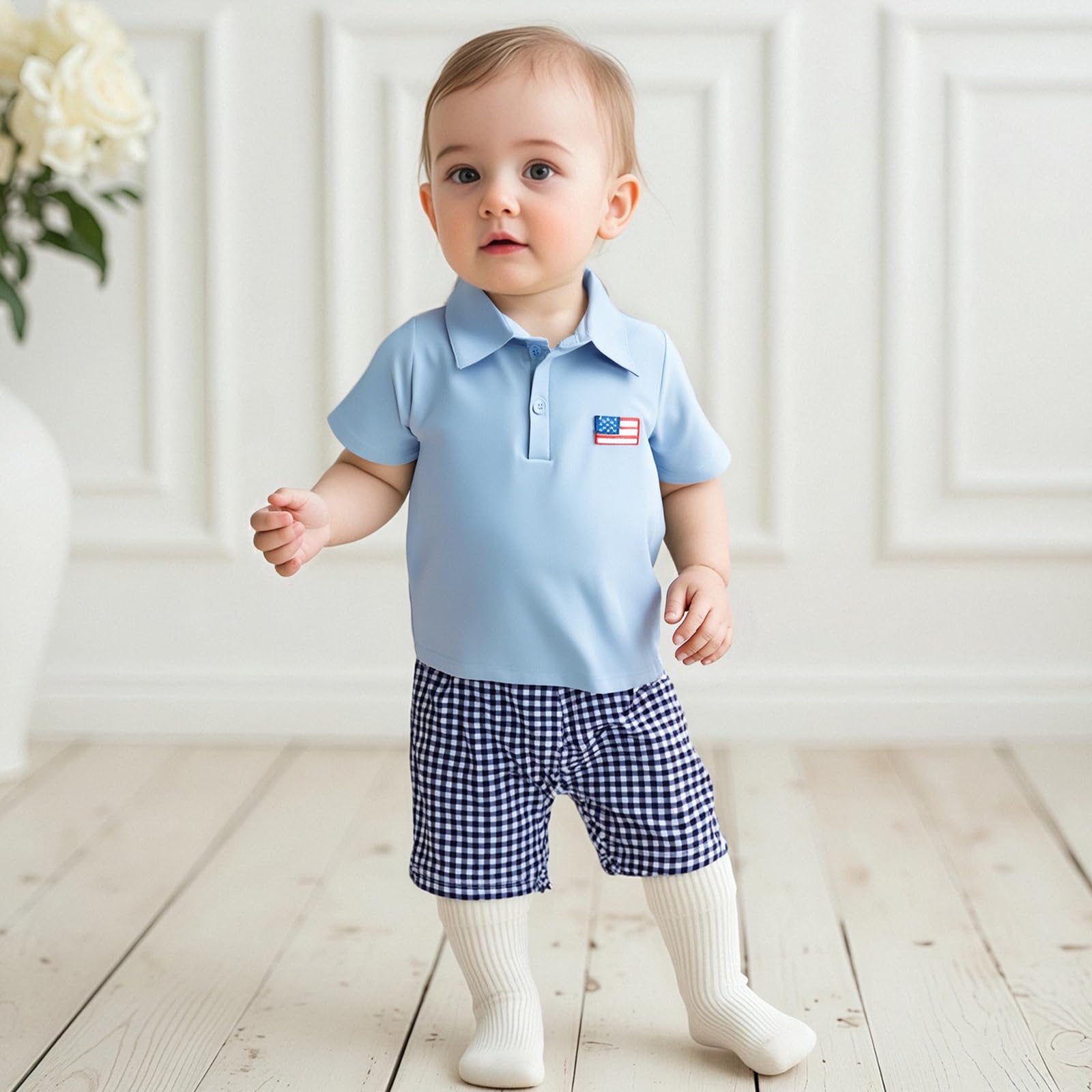 Toddler Baby Boy 4th of July Outfit American Flag Short Sleeve Polo Shirt Tops Plaid Shorts Fourth of July Clothes (USA Flag-Blue, 4-5T)
